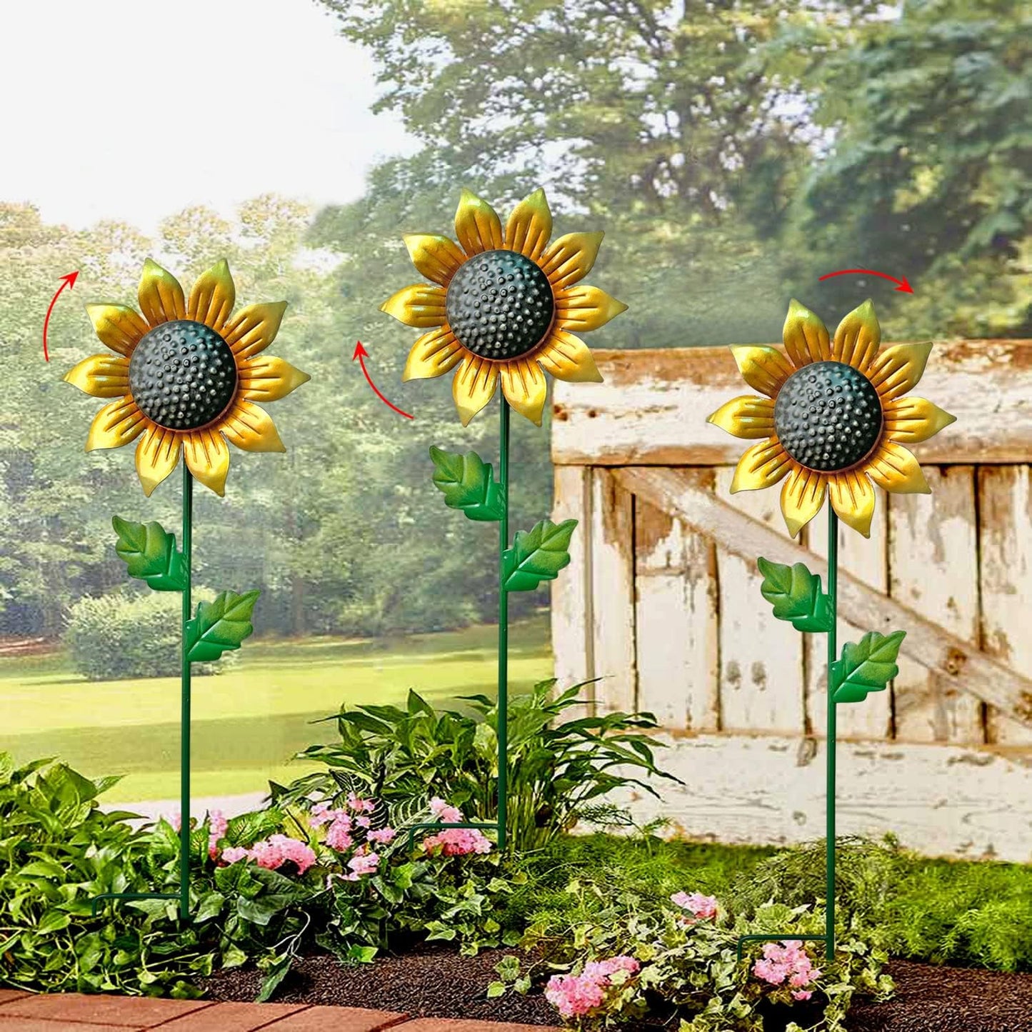 WAIU Metal Sunflower Flower Garden Stakes, Wind Catcher Spinner Garden Stakes, Garden Windmill Stakes Outdoor Wind Catchers, Yard Decor Stakes, Set of 3