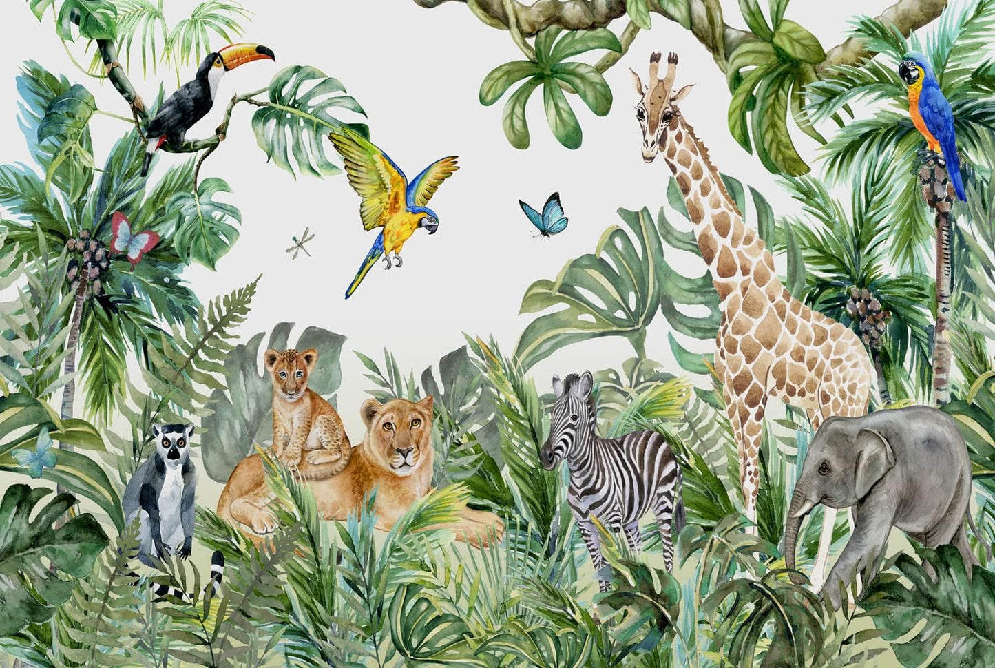 Safari Wallpaper for Children with Animals Jungle Wall Mural Watercolor Animals Nursery Wallpaper Kids Room Decor(Not Peel n' Stick)