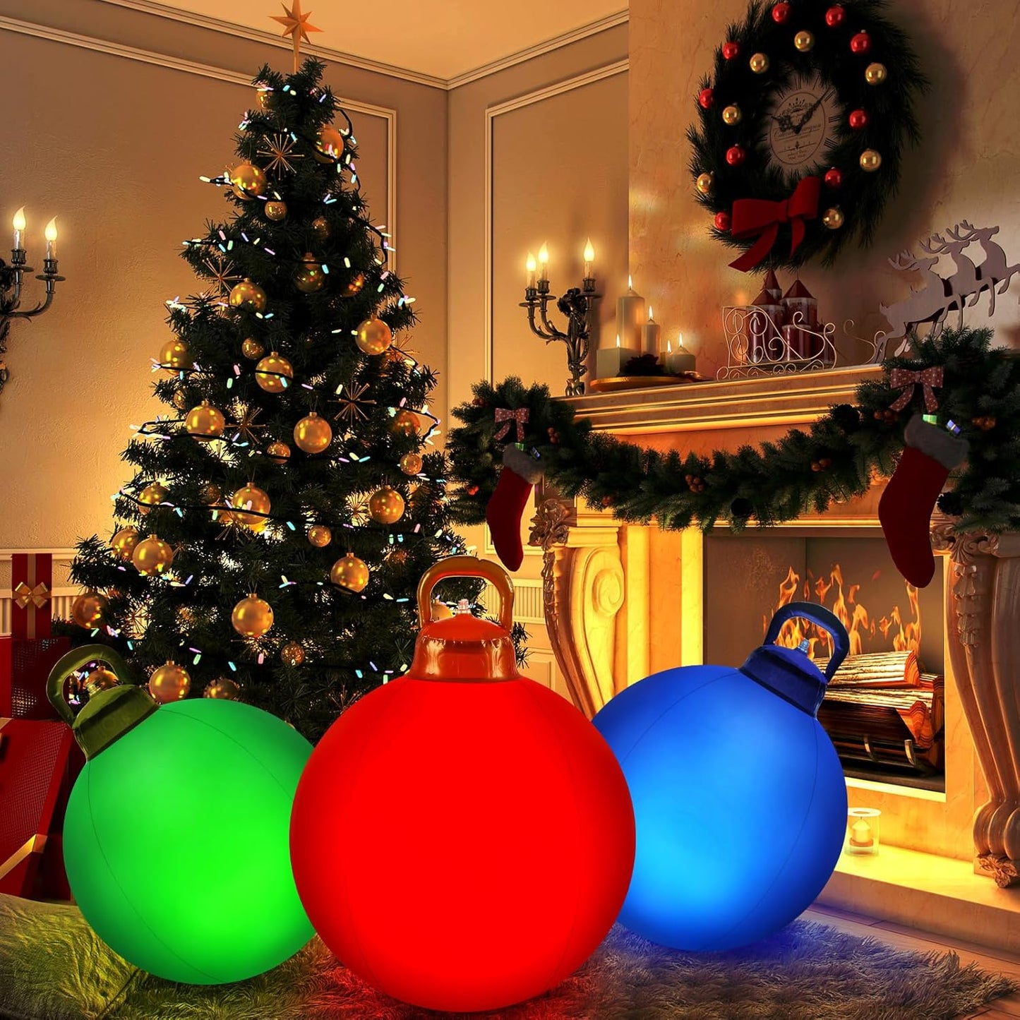 Jetec 3 Pcs Outdoor Light Up Christmas Ball Decorations Large Christmas Inflatable PVC Decorated Balls with Light 24 Inch,18 Inch Xmas Ornaments for Yard Lawn Porch(Red, Blue, Green)