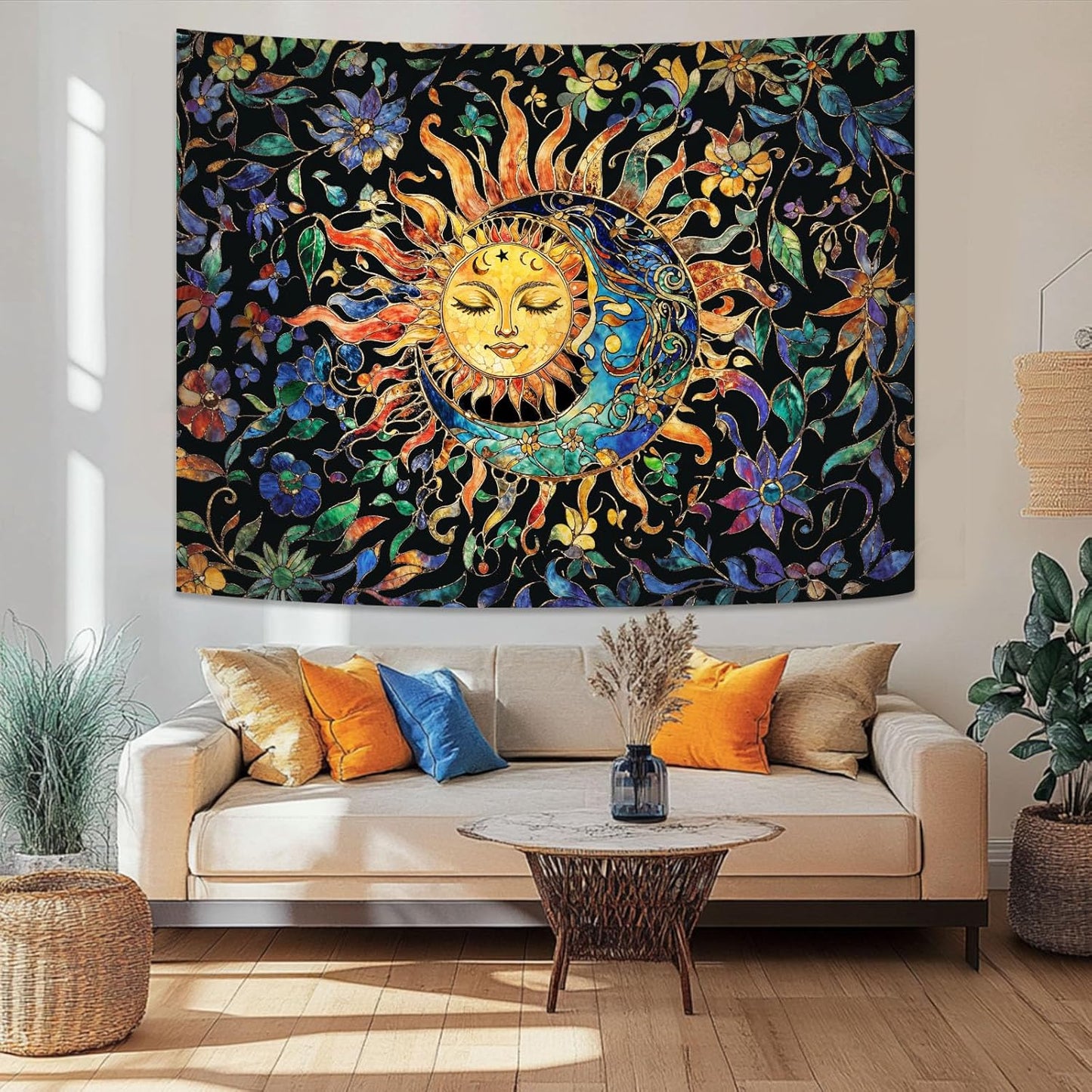 Aipon Sun and Moon Tapestry for Bedroom Boho Hippie Floral Wall Tapestry Aesthetic Vintage Stained Glass Plant Large Tapestries Wall Hanging for Living Room Dorm 80 x 60 Inch