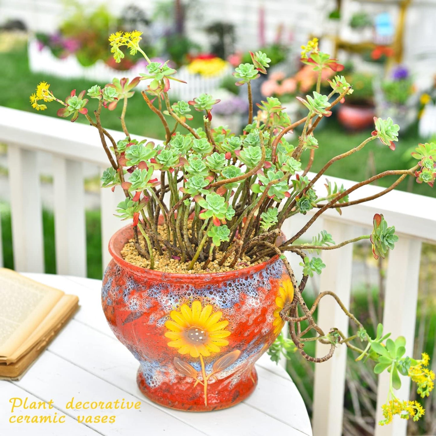 Sungmor Ceramic Hand Painted Succulent Flower Pots, 9 Inch Large Pottery Pots for Indoor Outdoor Plants, Decorative Ceramic Vase for Flower Arrangement Home Decor, Vintage Centerpieces Flowerpot