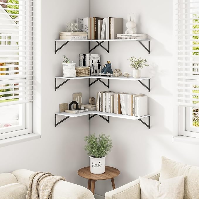 Heimlove 24" W x 12" D Wall Shelves for Books, 12 Inch Deep Floating Shelves Set of 3, Wide Floating Bookshelf with Metal Bracket for Living Room, Kitchen, Office, Bedroom and Decor Storage - White