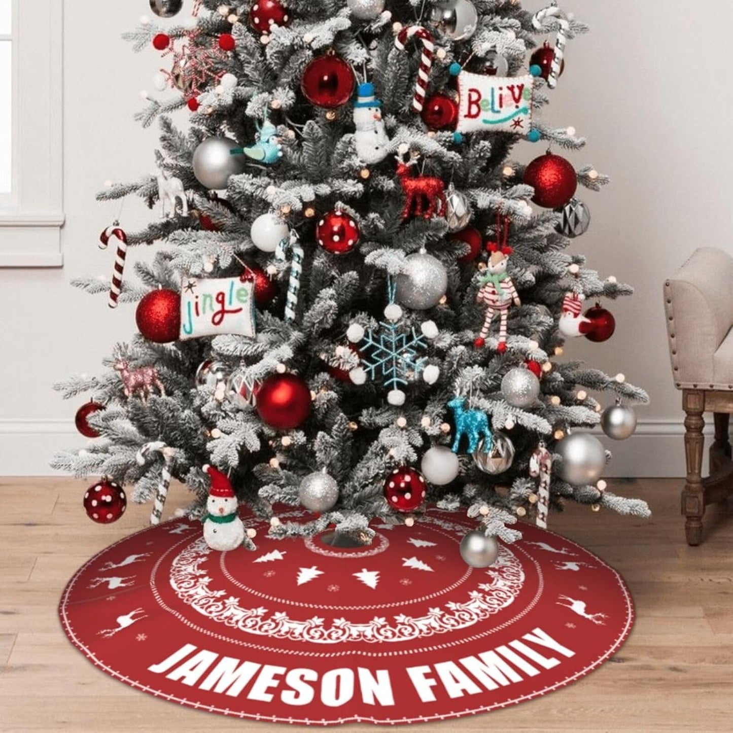 Custom Christmas Tree Skirt with Name, Personalized Holiday Xmas Tree Decor Gifts for Party Family Home, 30" - 48", Deer Pattern