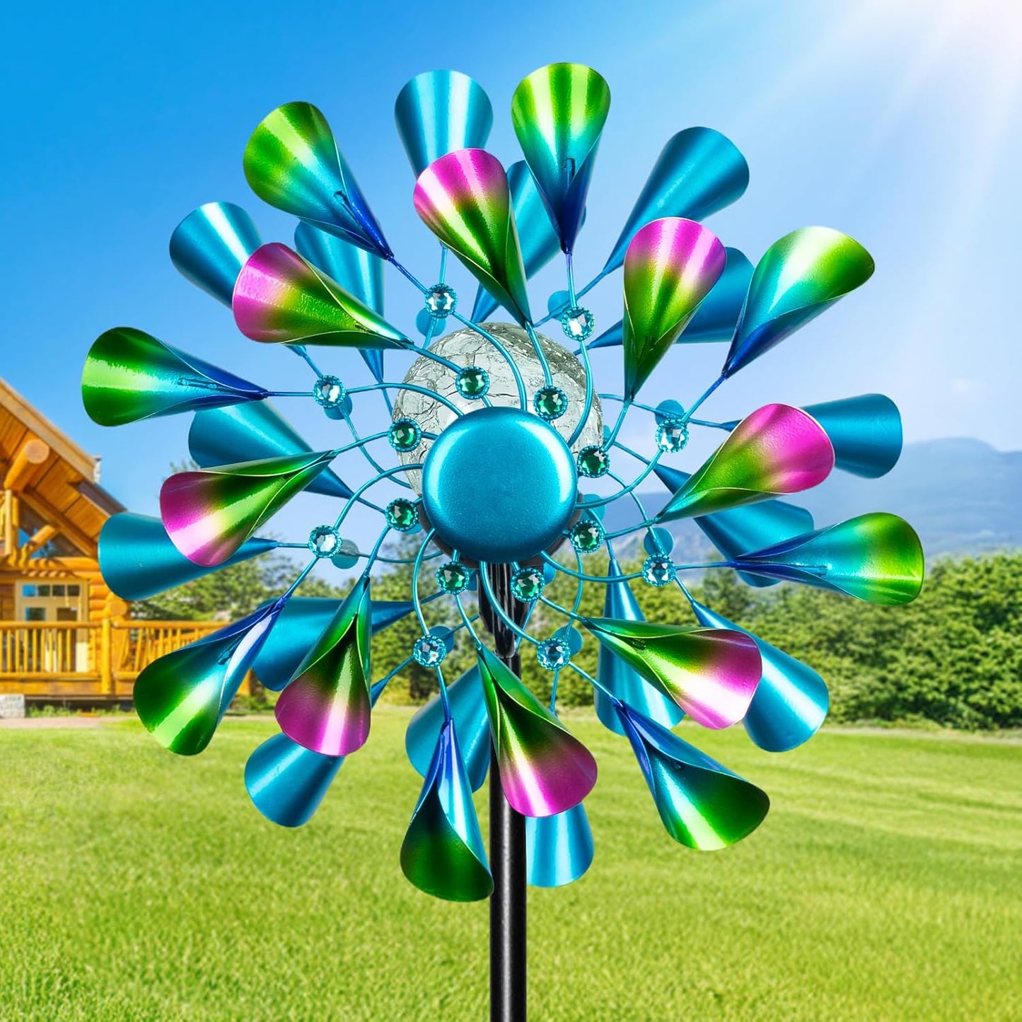 60'' Wind Spinner with Color Glass Ball Solar Lights, Green Peacock Feathers Metal Garden Outdoor Decor Yard Lawn Art Decor for Patio Kinetic Windmills Unique Gifts for Friends and Family
