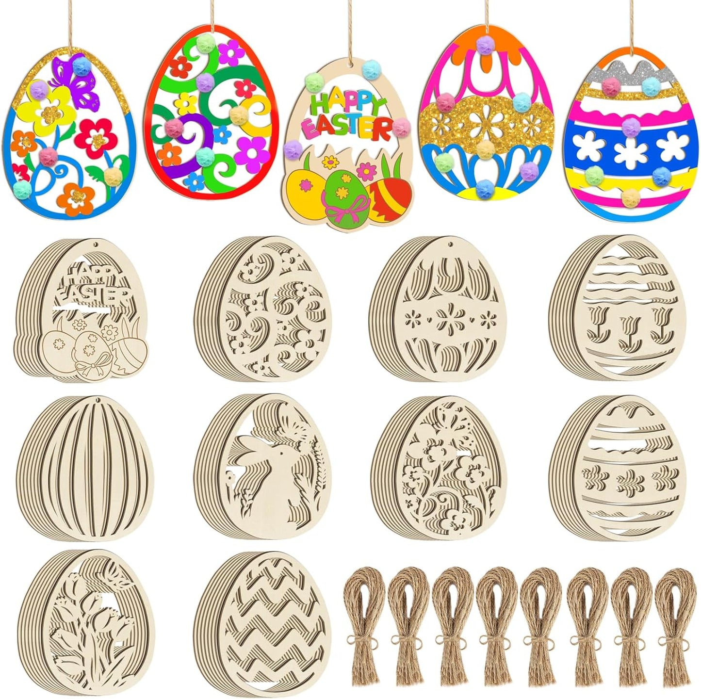 80PCS Wooden Easter Ornaments to Paint, 10 Styles DIY Blank Unfinished Wood Egg Cutouts Ornament for Crafts Hanging Decorations Happy Easter Hallow Egg Rabbit Bunny Butterfly Flower Hen
