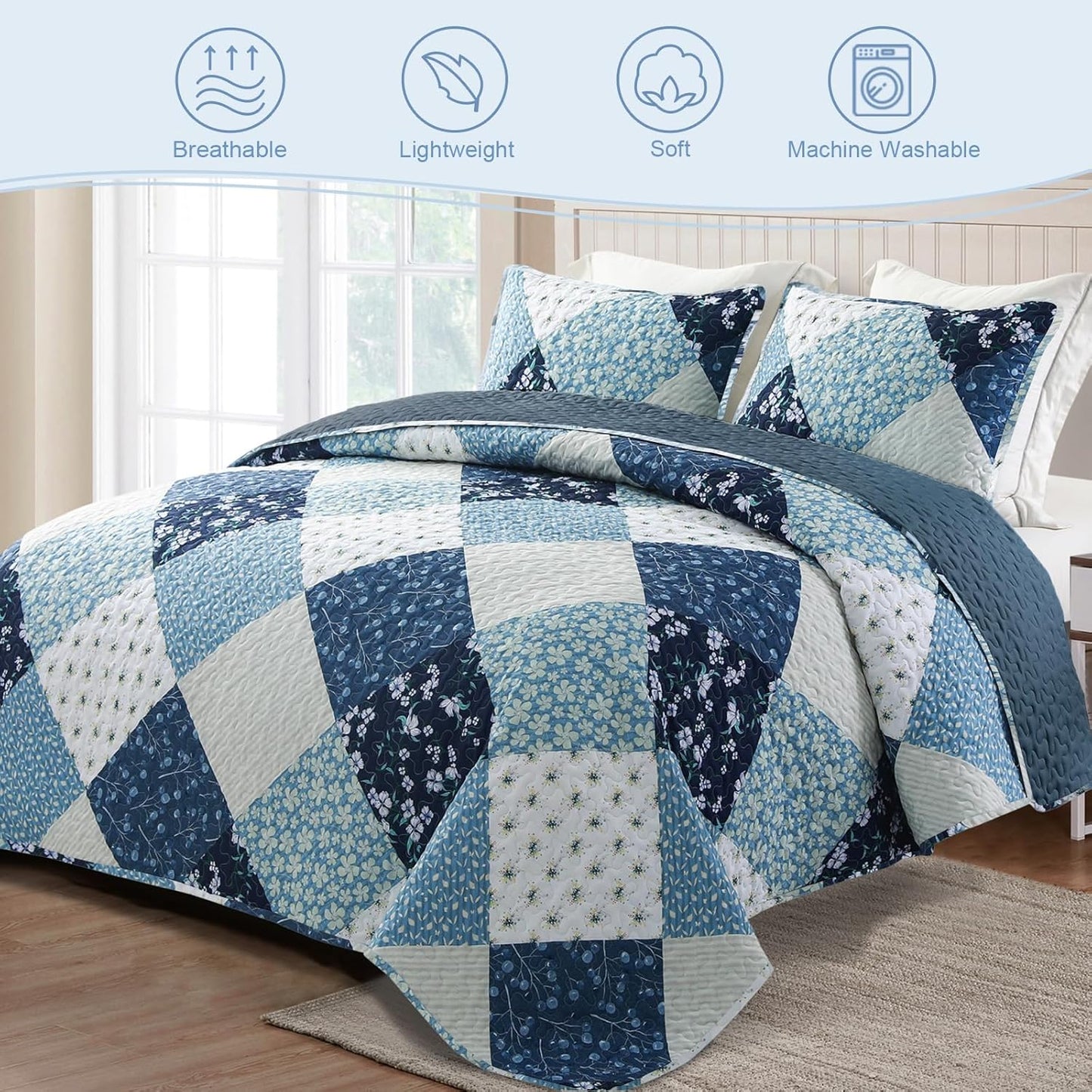 Exclusivo Mezcla Reversible Boho Quilt Set Queen Size, 3 Pieces Patchwork Blue All Season Bedspreads, Ultra Soft Floral Coverlet Bedding Set with Printed Pattern (1 Quilt, 2 Pillow Shams)