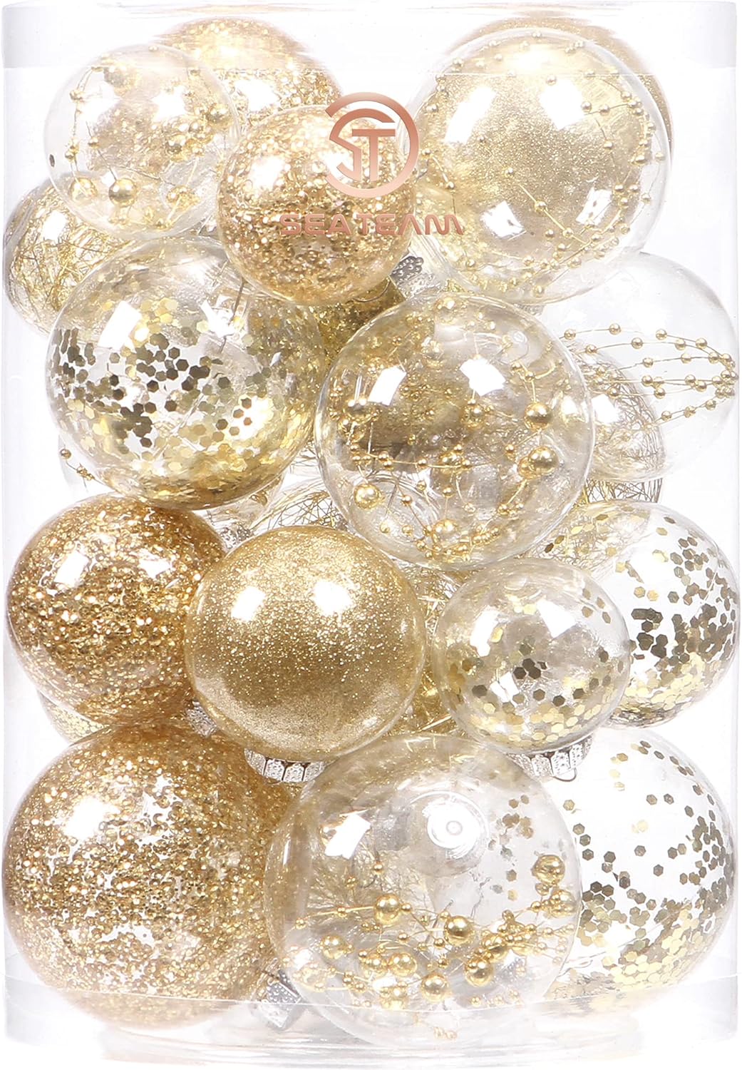 Sea Team Christmas Baubles Set Clear Plastic Shatterproof Multi-Size Decorative Christmas Baubles with Stuffed Delicate Decorations (25 Pieces, Gold)