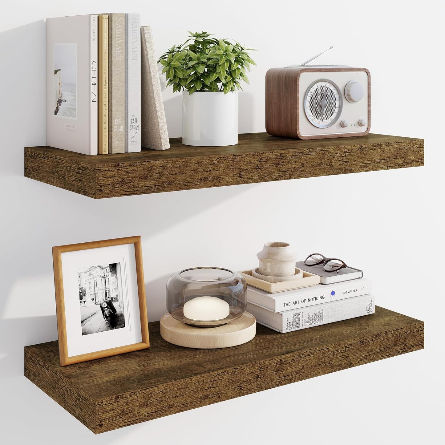 Marsmiles 24" Floating Shelves for Wall, Wooden Shelves with Invisible Brackets Set of 2, Rustic Farmhouse Wall Mounted Shelf for Kitchen Bathroom Living Room Study, Rustic Brown