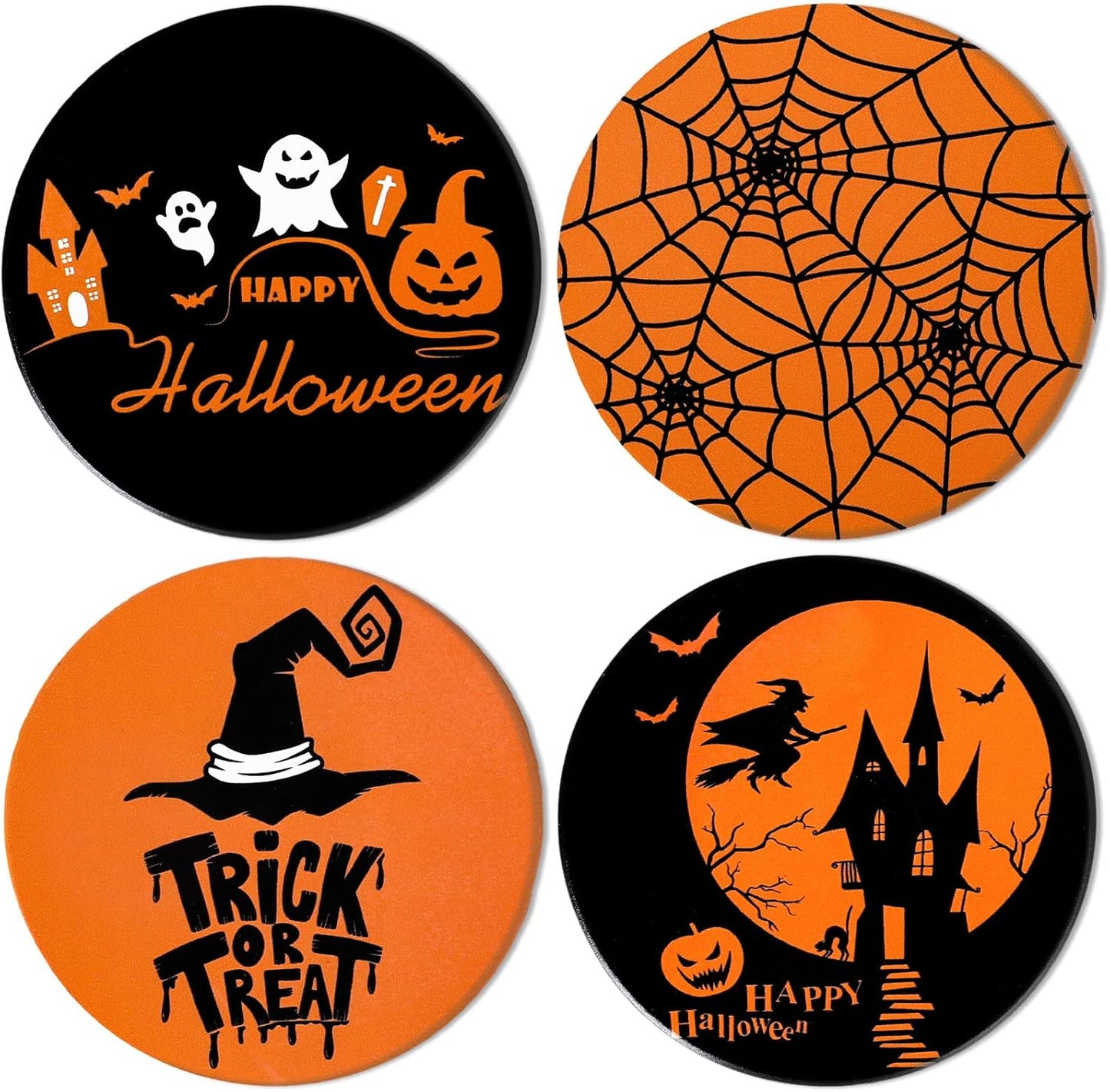 4Pcs Halloween Coasters Orange Black Round Ceramic Coaster Trick or Treat Heat-Resistant Cup Mats for Wooden Table Protection Home Party Supplies
