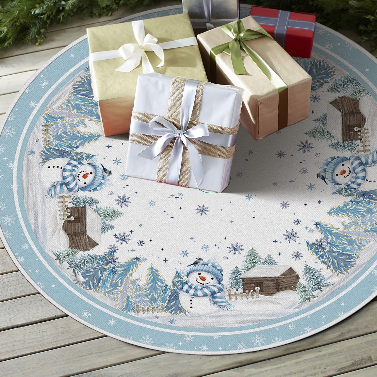 AVOIN colorlife Snowflake Snowman Cardinal Christmas Tree Skirt 36 Inch, Winter Holiday Tree Mat Decoration