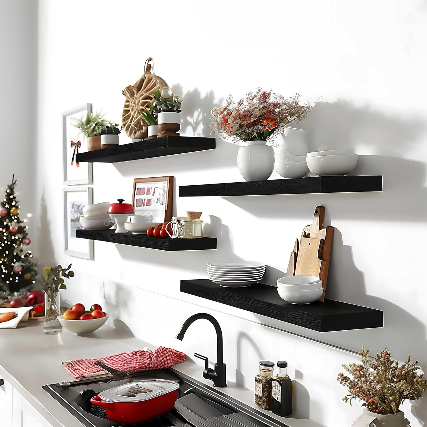 24 Inch Floating Shelves for Wall Rustic Black Wood Wall Shelves for Bedroom Set of 4