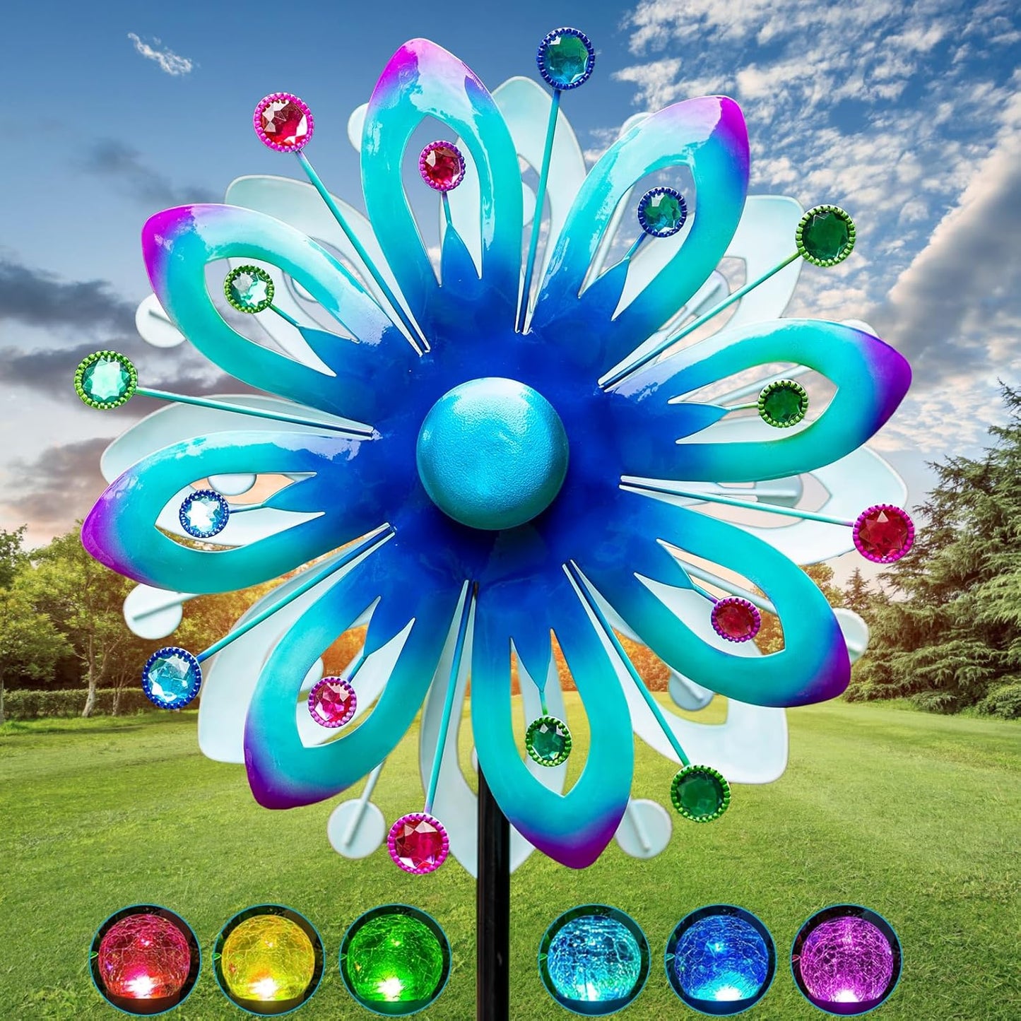 Solar Wind Spinners, 60.63" Outdoor Metal Stake Yard Wind Sculpture,Solar Powered Multi-Color LED Glass Ball with Kinetic Wind Spinners for Yard and Garden Lawn Patio Decor