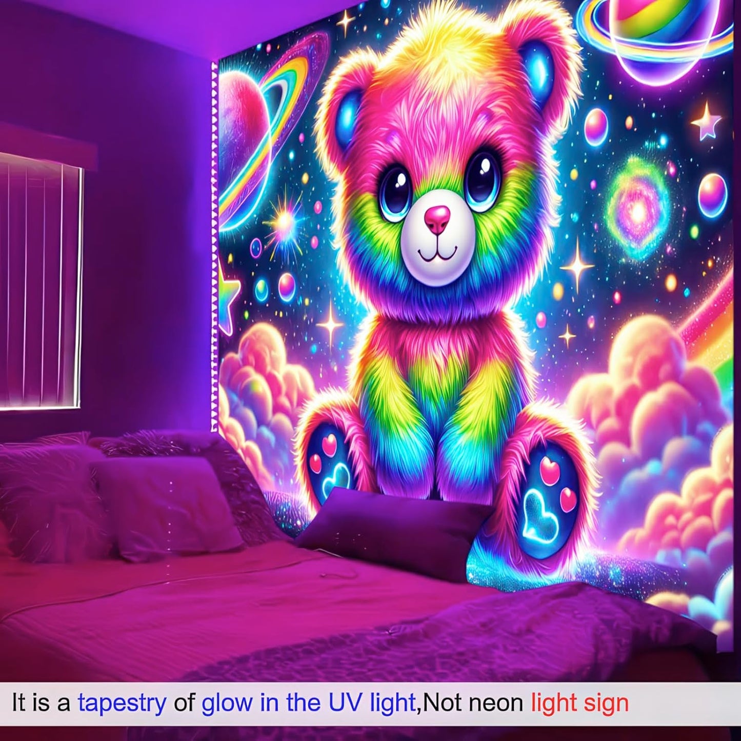 BlissYard Glowing Tapestry Blacklight Teddy Bear UV Reactive Rainbow Tapestry Neon Glow In the Dark Wall Hanging Decoration Kids’Bedroom Living Room Party Backdrop 59X78 inch Photo Shoot Props