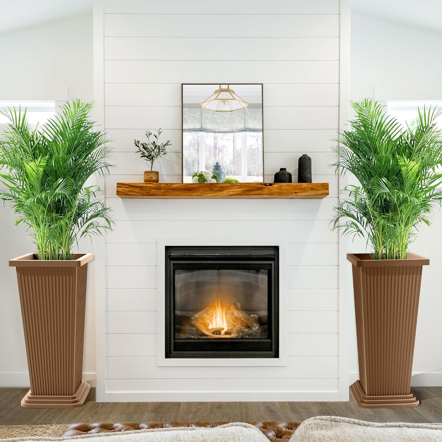 FENCY Set of 2 Tall Planters for Outdoor Plants, 24 Inch Large Tapered Pots with Drainage Trays, Weather-Resistant Plastic Plant Containers for Patio, Porch, Garden, Front Door Decor,Brown, Striped