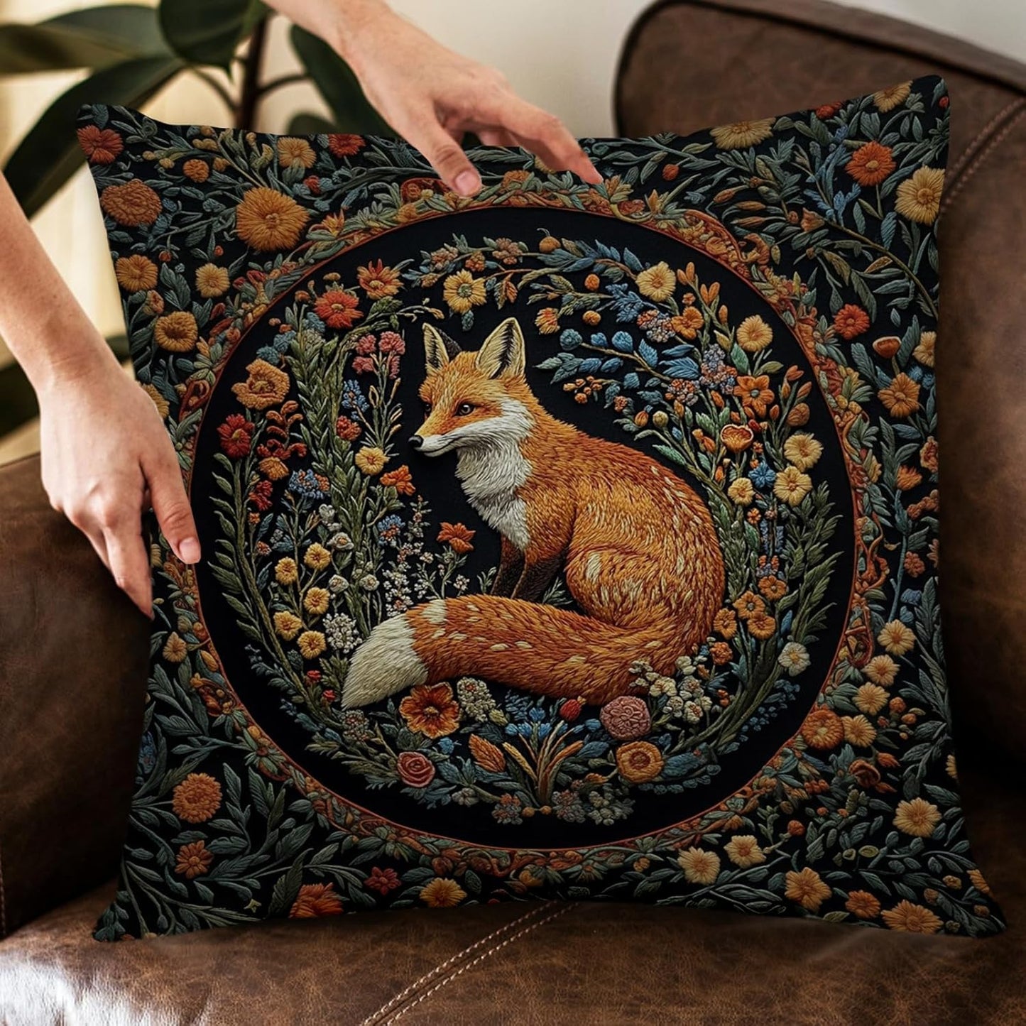 YOU FOUND ME William Morris Abstract Vintage Floral Velvet Fox Design Throw Pillow Covers Home Decor, Retro Art Deco Pillowcase Cushion Cover for Bed Sofa Living Room, Square 18x18inch (Fox)
