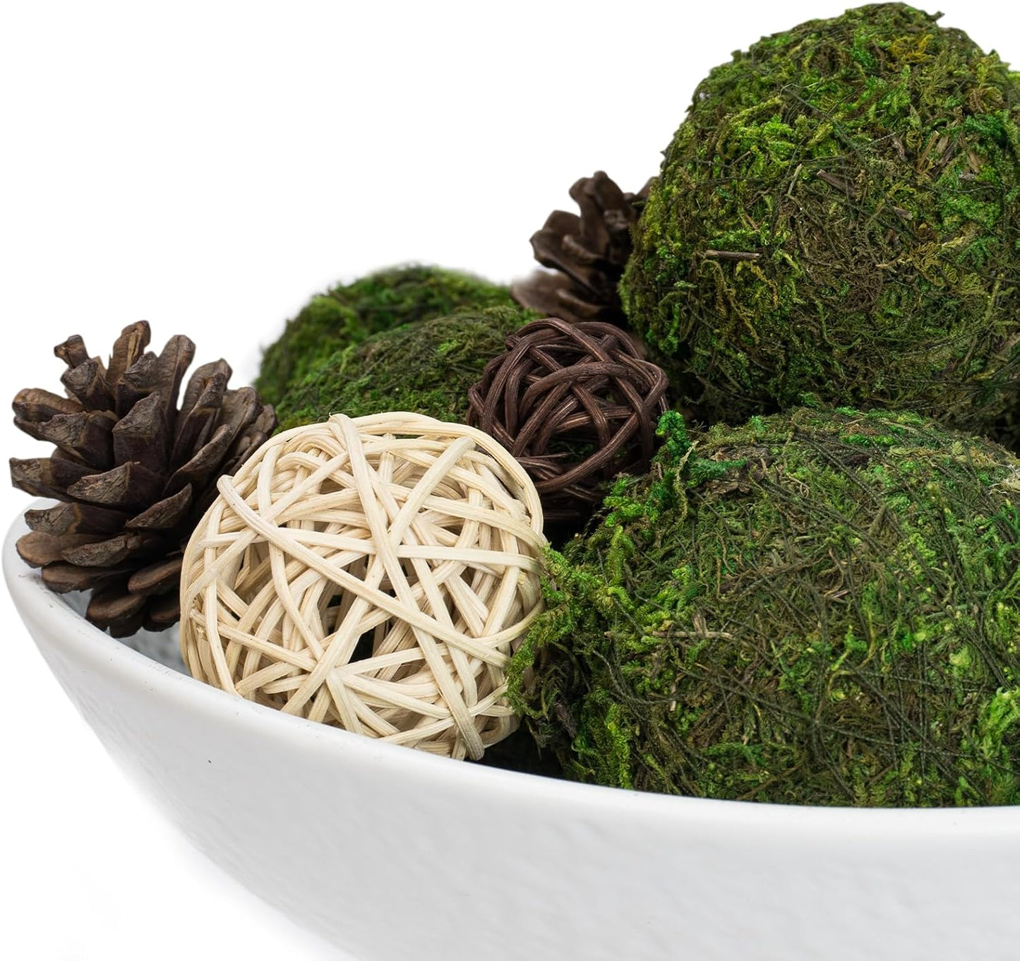 NAHARO Elegant White Ceramic Bowl with Moss Ball Set-10 Decorative Bowl with 16pc Decorative Balls for Farmhouse Table Centerpiece, Living Room or Home Decor