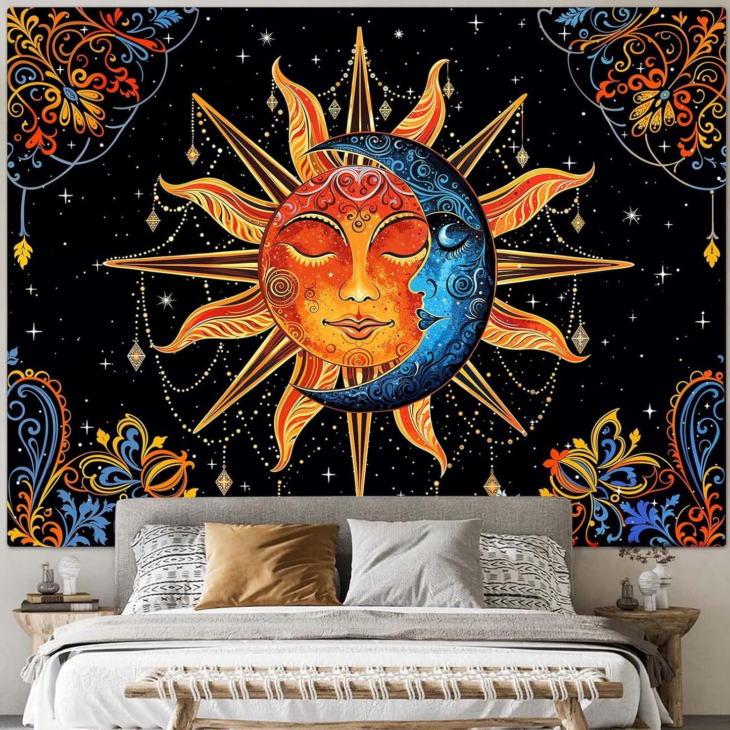 Lunerfex Sun and Moon Tapestry Mandala Wall Tapestry, Cute Tapestries for Bedroom Ceiling Tapestries Wall Hanging for Bedroom Living Room Decor Sun-1 60"x80"
