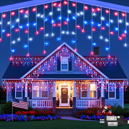 33ft 400LED Red White and Blue Lights for 4th of July Decorations Outdoor Independence Day Decorations Icicle Light for Outside, Clear Wire Connectable Twinkle Light for House Party Holiday Patio Yard