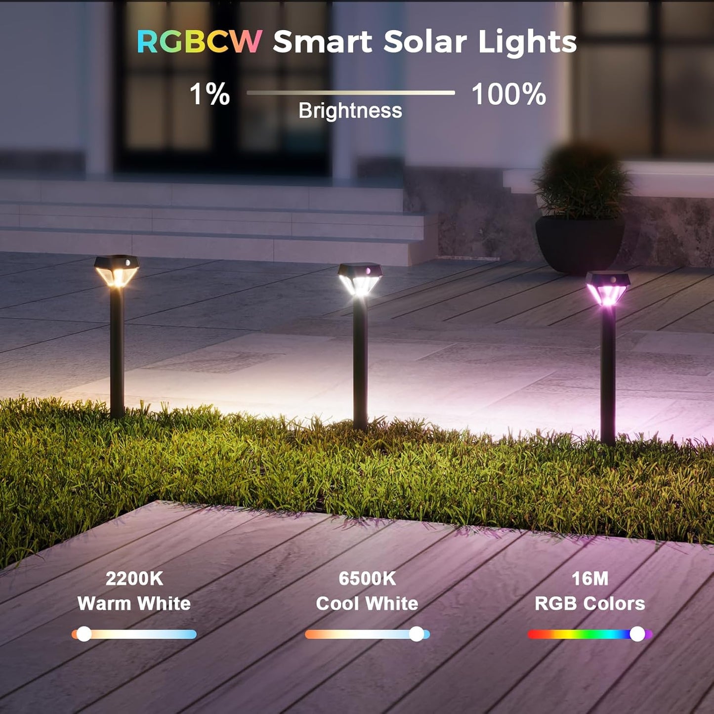XMCOSY+ Smart Solar Lights Outdoor with Motion Sensor, 150LM APP Control RGBCW Color Changing Garden Lights Solar Powered for Yard Pathway Landscape, Waterproof, 4 Pack
