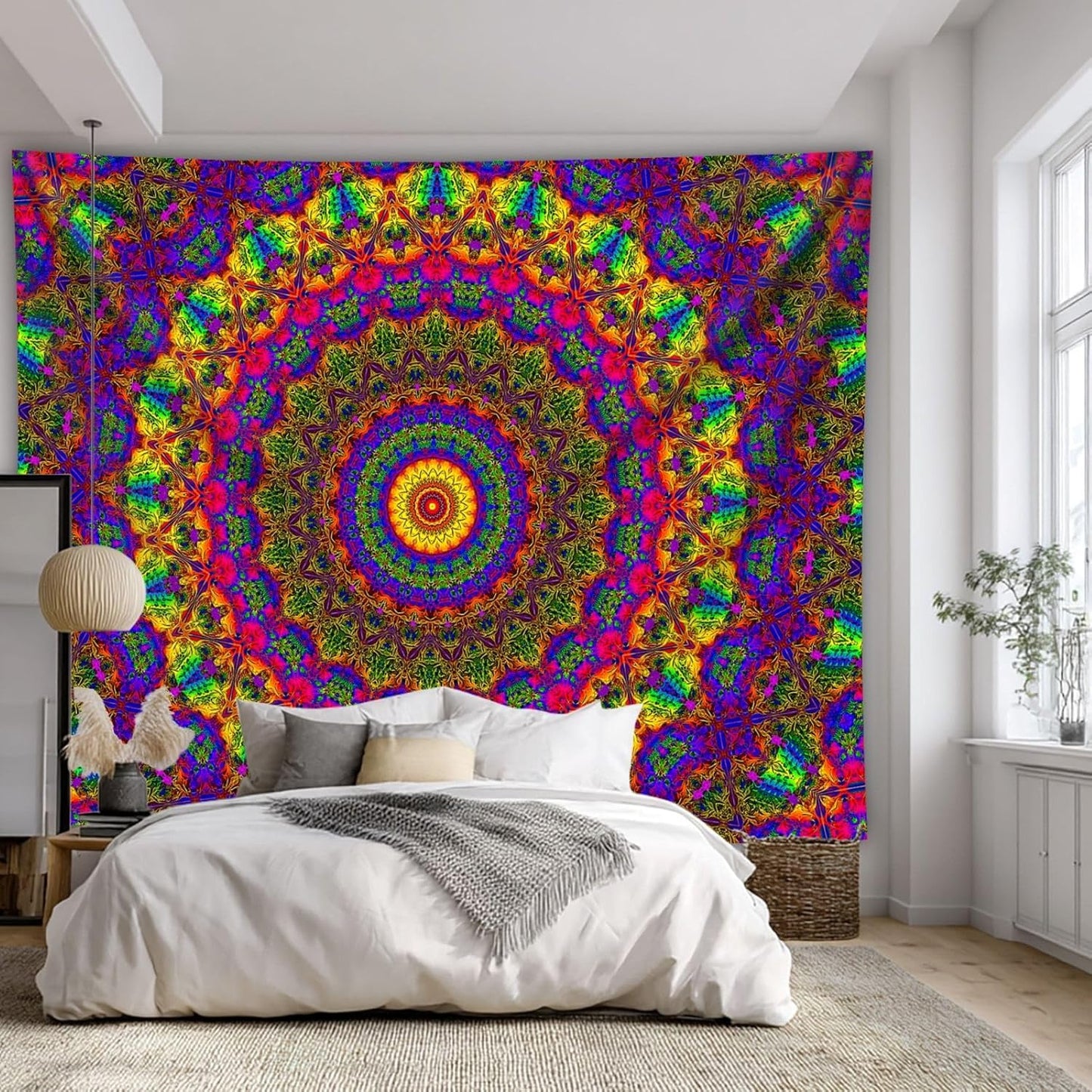 PSYHILAR Blacklight Mandala Boho Tapestry, Black Light Bohemian Hippie Poster for Adults and Teens, Aesthetic Colorful UV Reactive Wall Art Decor for Bedroom (80 x 60 Inches)
