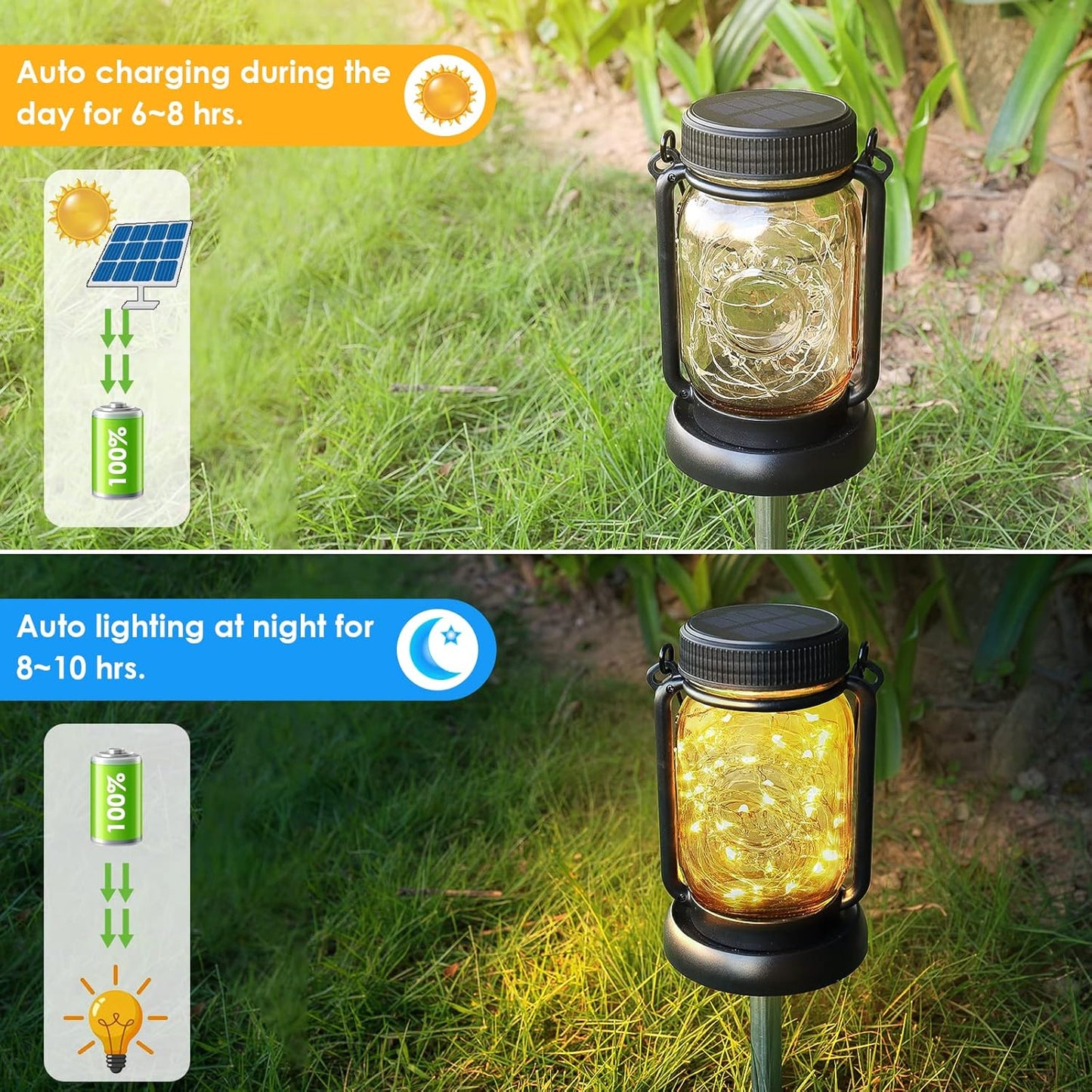 Mlambert 4 Pack Solar Hanging Lantern with Stakes, Outdoor Waterproof Solar Mason Jar Fairy String Lights Decorative Vintage Glass Lamp-Warm White