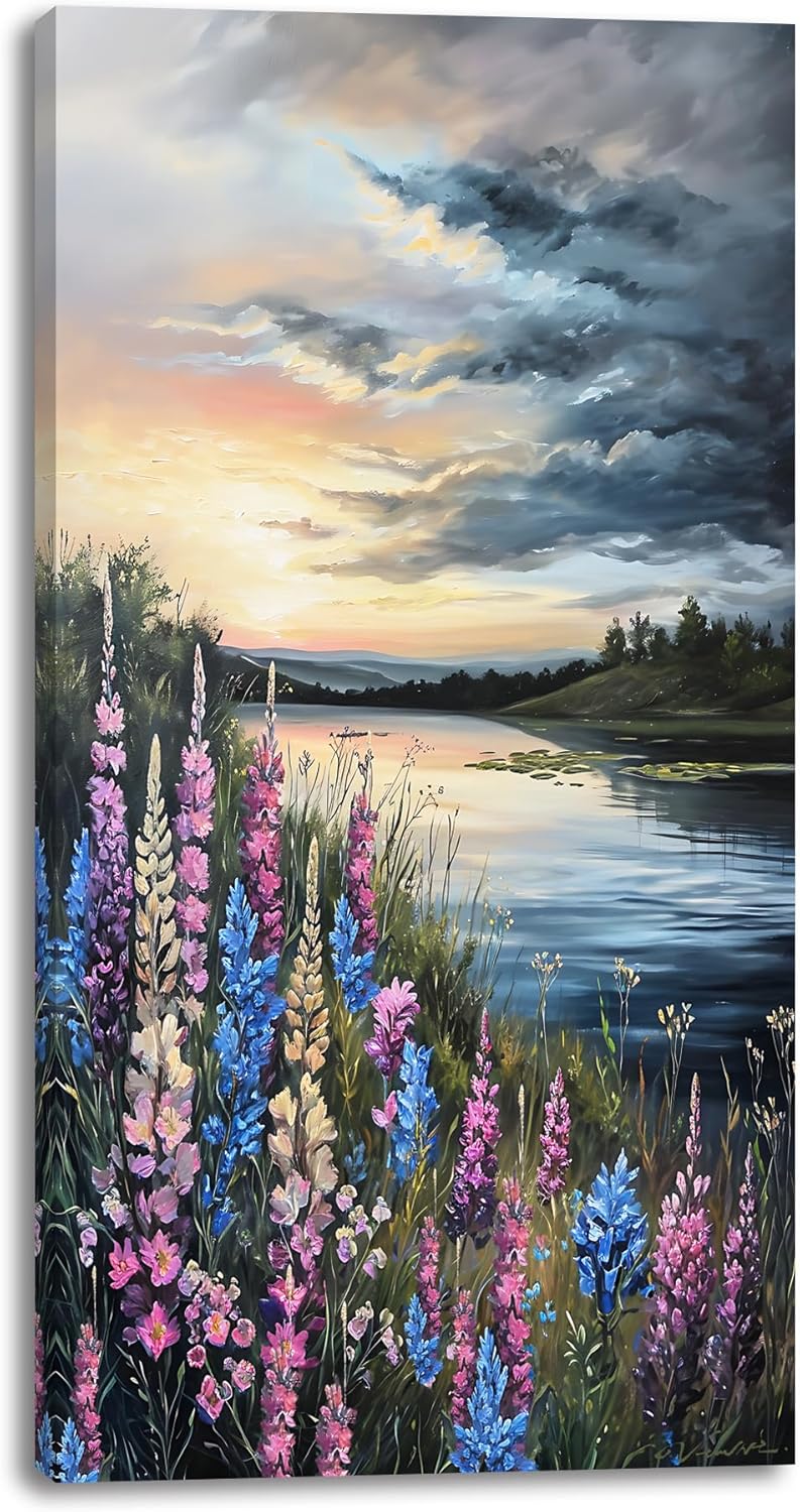 LASMOND Beautiful Colorful Grassland by Riverbank Landscape Wall Art Decor Artwork for Bedroom (24x48 Inches)