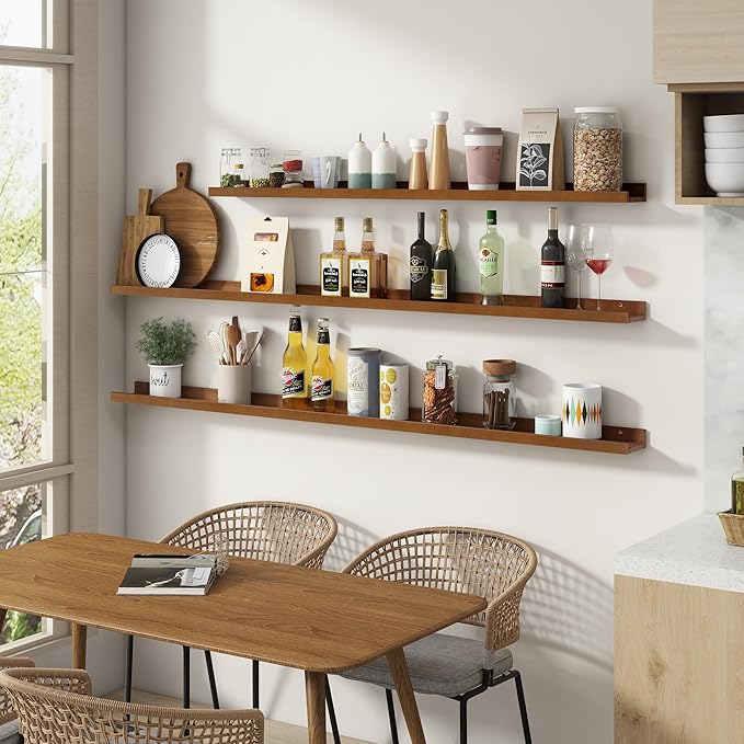 Picture Ledge Shelf, Floating Shelves Set of 2, Solid Pine Wood 55'' Long Large Nursery Book Shelves for Toys Storage, Kids Bookshelf for Living Room Bedroom Decor Books Photo Frames, Walnut