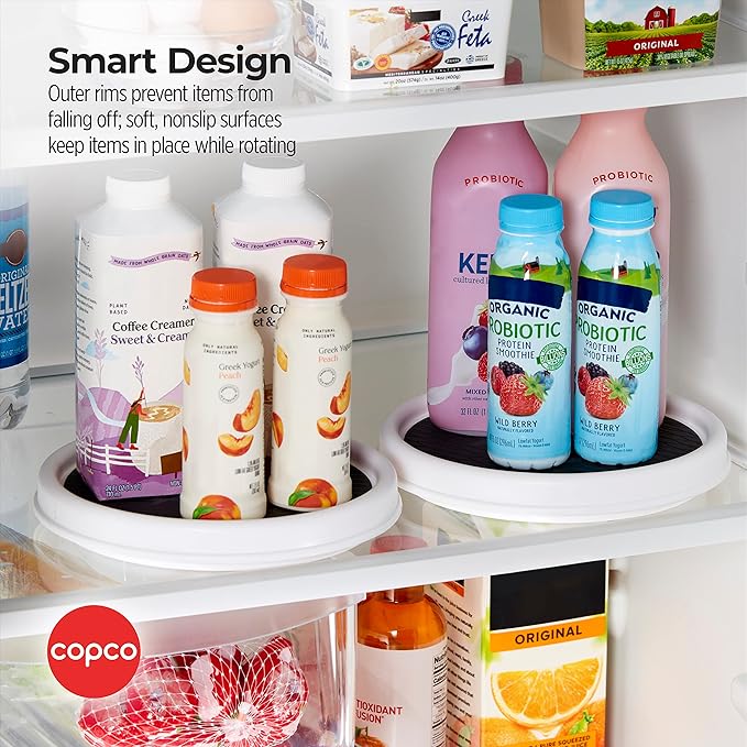 Copco 9 Inch Non Skid Pantry Cabinet Lazy Susan Turntable, Set of 2, Spinning Organizer for Kitchen, Countertop, or Bathroom, White and Gray