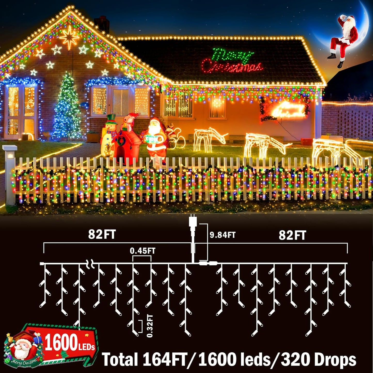 KNONEW 164FT 1600 LED Christmas Lights Outdoor Decoration Multicolor with 320 Drops, 8 Modes Timer Hanging Fairy String Lights Plug in Waterproof Indoor Decor for Holiday Wedding Party Window Garden