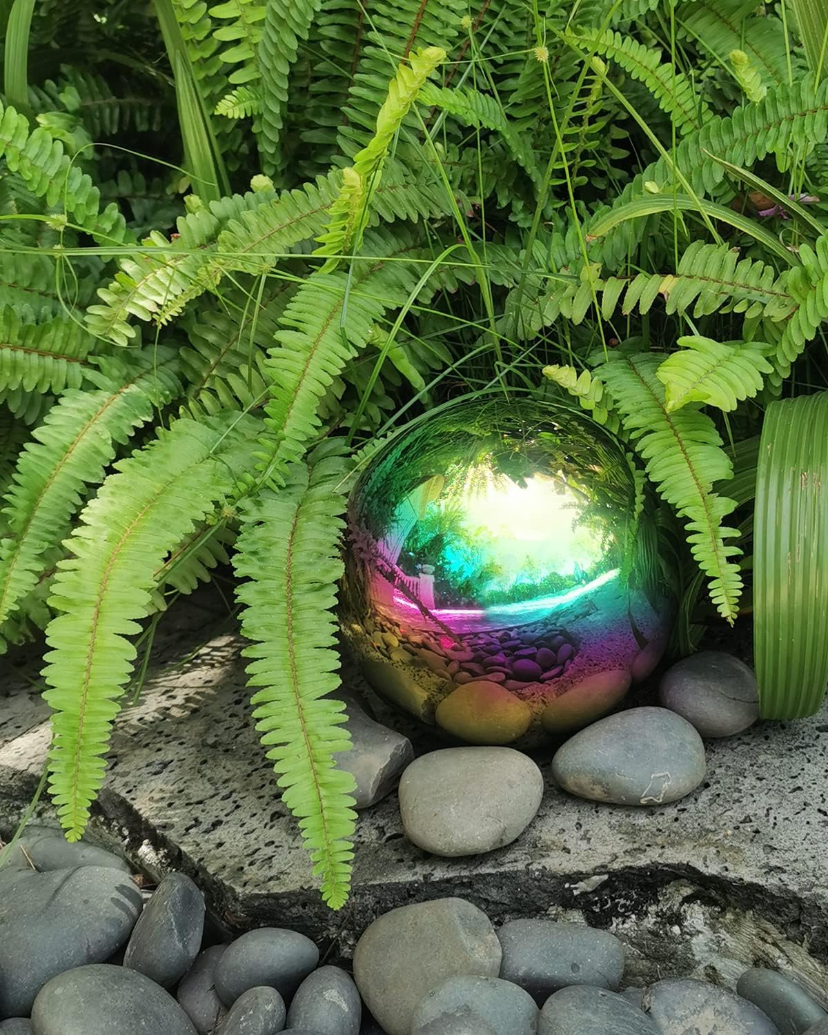 Rainbow Gazing Globe Mirror Ball in Stainless Steel, Shiny Hollow Sphere Sparkling Housewarming Outdoor Ornament (6 Inch)