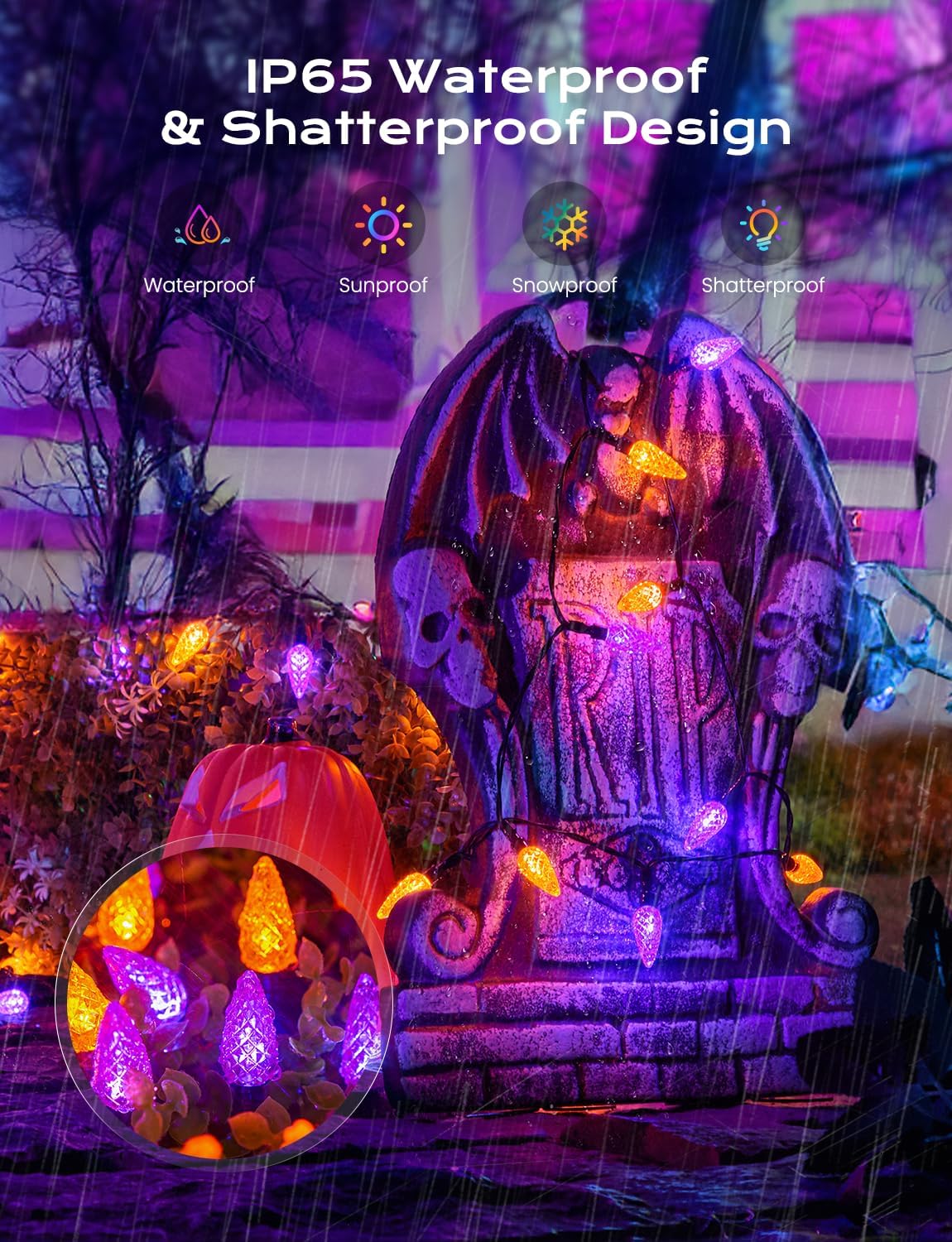 Brightown Solar Operated C6 Halloween Outdoor Lights, 22.64ft 50 LEDs Orange Purple Halloween Lights, Strawberry LED Fairy Lights, Solar Waterproof String Light for Tree, Garden Decor Outdoor