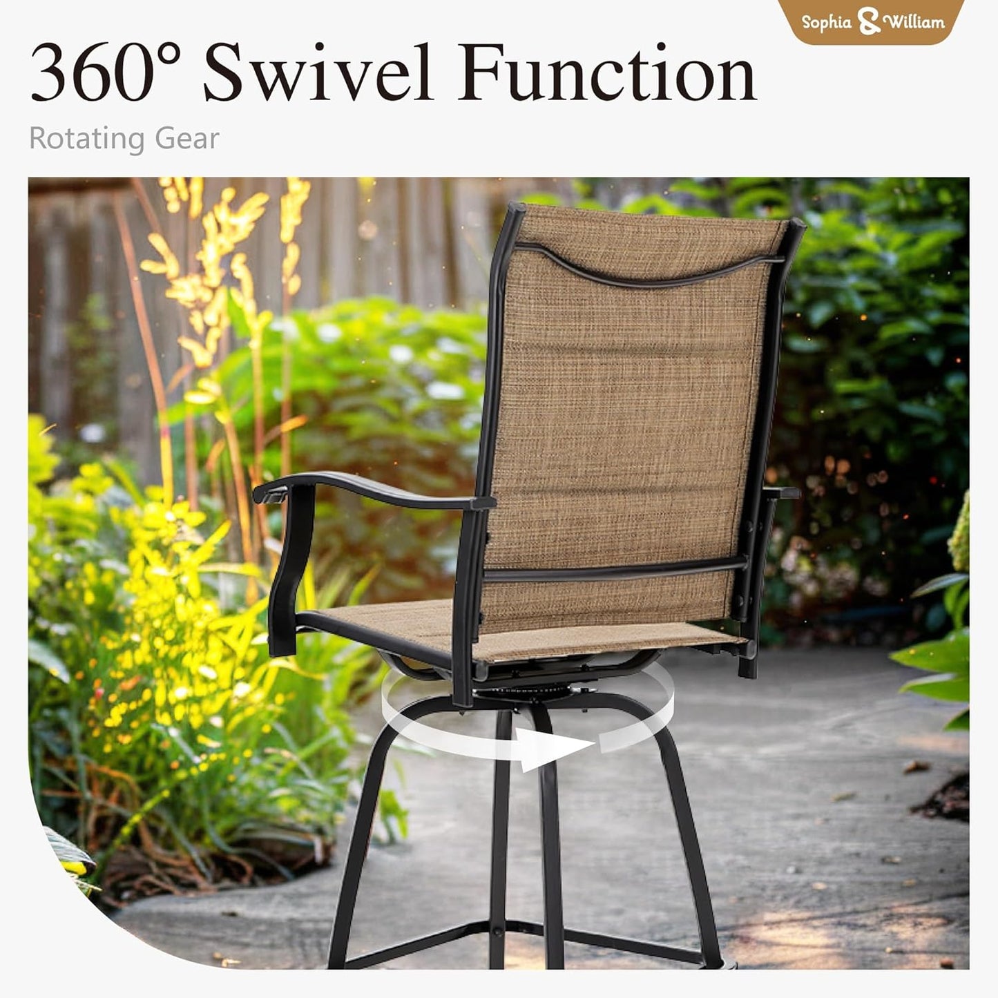 Sophia & William Outdoor Bar Set, Patio Bar Table and Chairs Set, Bar Height Patio Set - 6 x Swivel Bar Chairs(Brown-Padded), 1 x Rectangular Bar Table(Black)