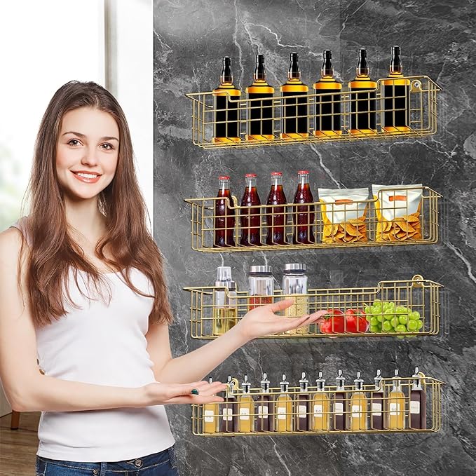 Spice Rack, 4-Pack Seasoning Organizer Wall Mount for Kitchen Storage Organization, Spice Holder Shelf Saving Space for Cabinet, RV, Pantry, Gold