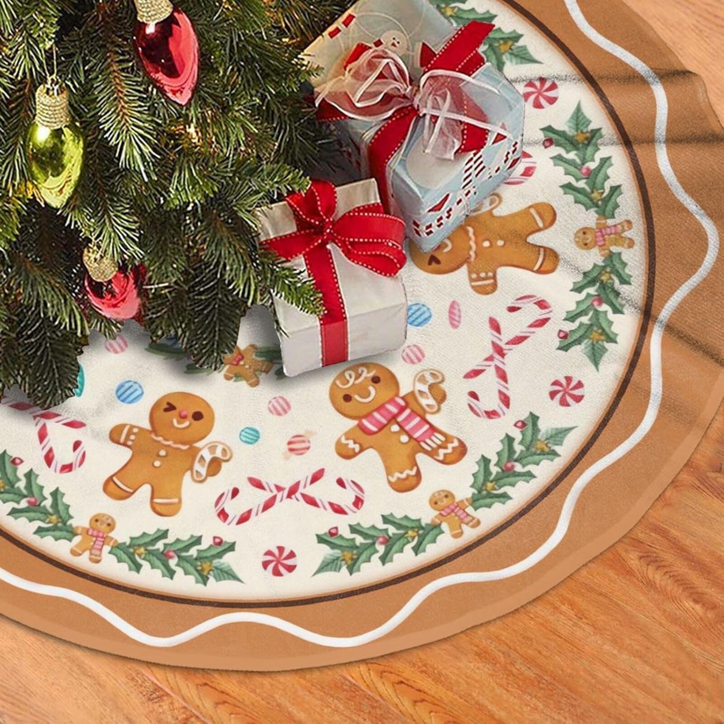 Christmas Tree Skirt,Gingerbread Xmas Tree Skirt Rustic Farmhouse Tree Skirt for Christmas Decor Xmas Holiday Home Party Decorations48