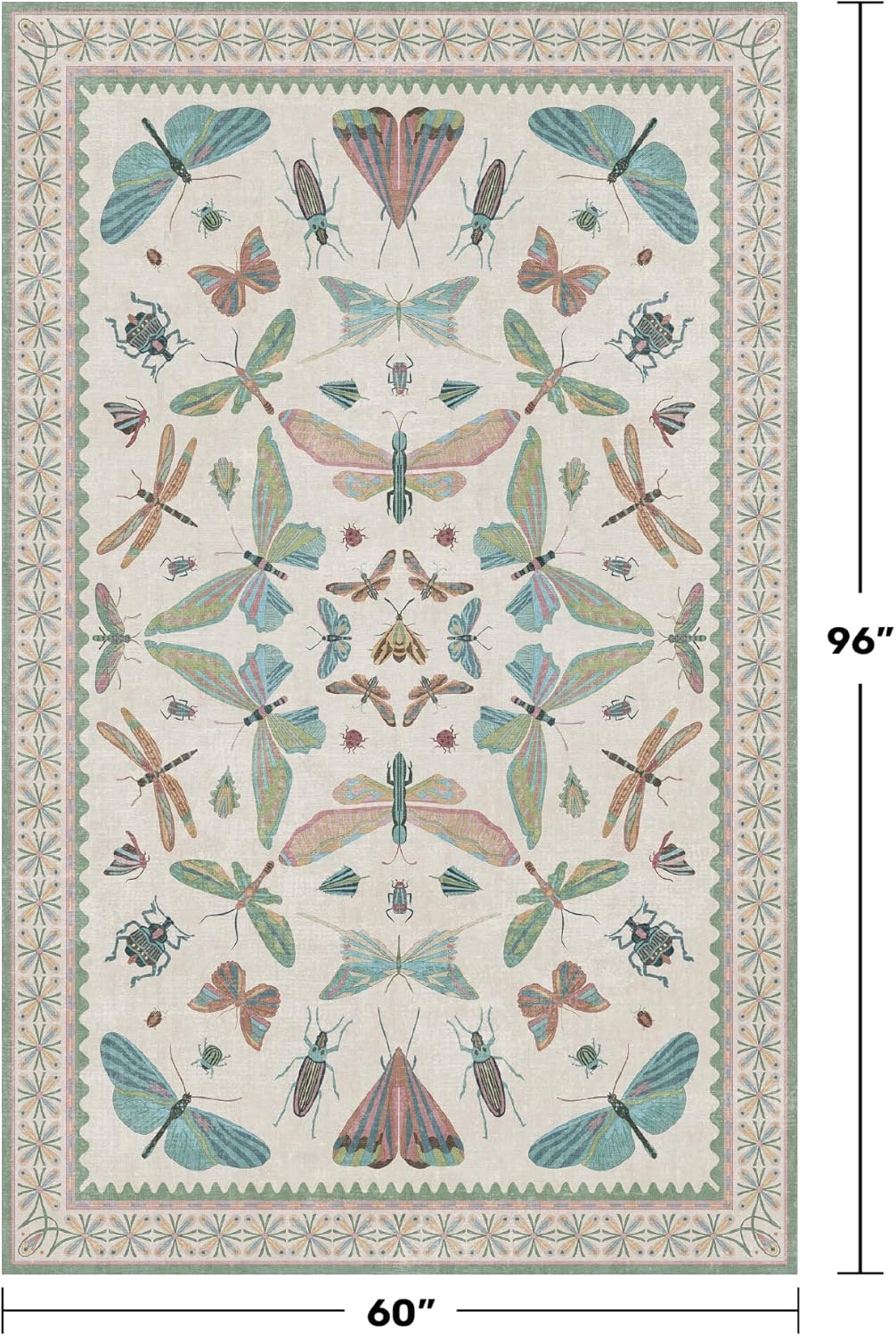 Green and Blue Nursery Rug 5x8 - Washable Soft Area Rugs for Bedroom Under Bed, Living Room, Vintage Floral Butterfly Fun Indoor Floor Decor