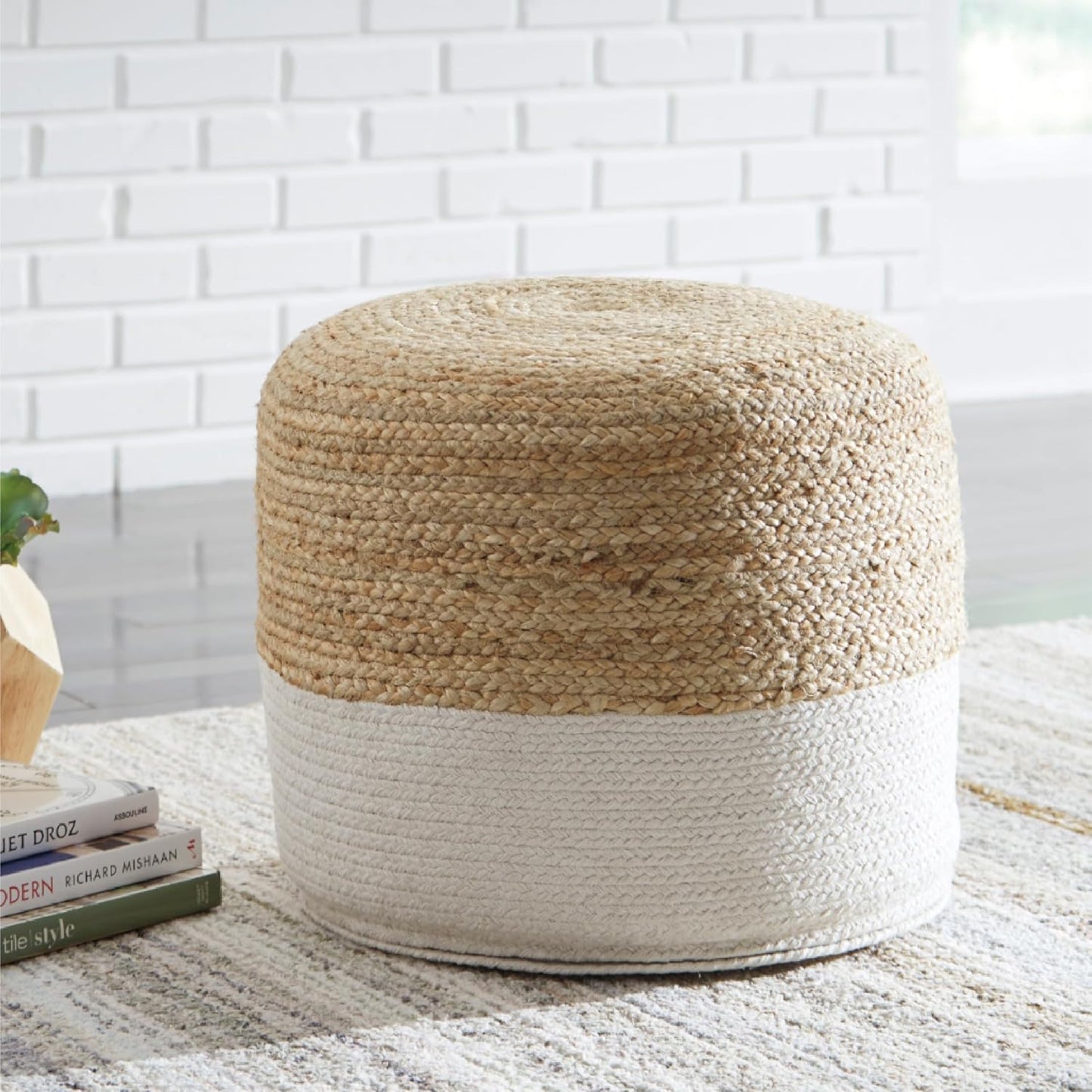 Signature Design by Ashley Sweed Valley Jute & Cotton Pouf, 19 x 19 Inches, Beige & White
