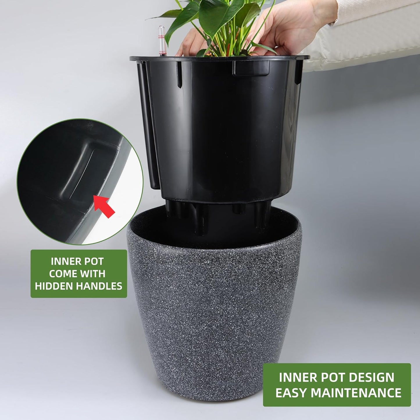 Dexceder 15x14 Self Watering Planter with Wheels Indoor Outdoor, Inner Pot Design, Thickened Large Floor Standing Flower Plant Pot with Water Level Indicator (Stone Matte)