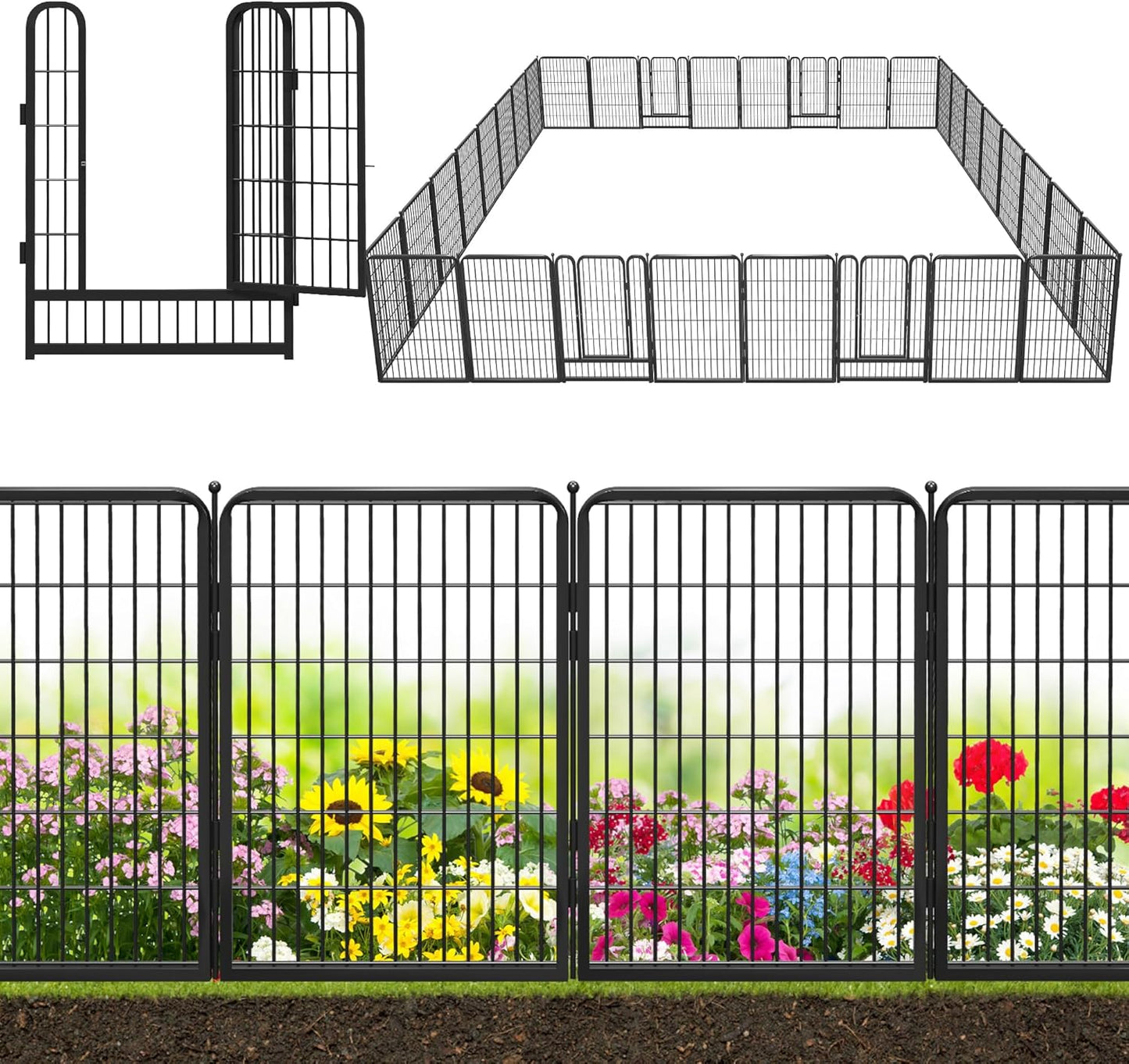 Decorative Black Metal Fencing Garden Fence with Gate, 72ft(L) 40in(H) 32 Fence Panels No Dig Fence Rustproof Animal Barrier Fence Temporary Dog Panels Fencing Outdoor