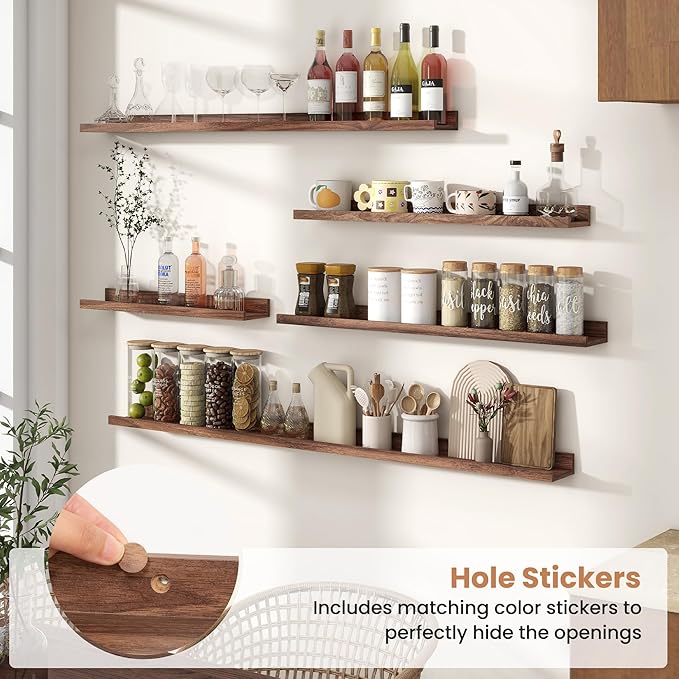 Fun Memories Picture Ledge Shelves Set of 2, 36 Inch Rustic Wall Mounted Floating Shelves with Lip for Home Storage and Décor in Bathroom, Kitchen, Nursery, Bedroom, Living Room, Walnut