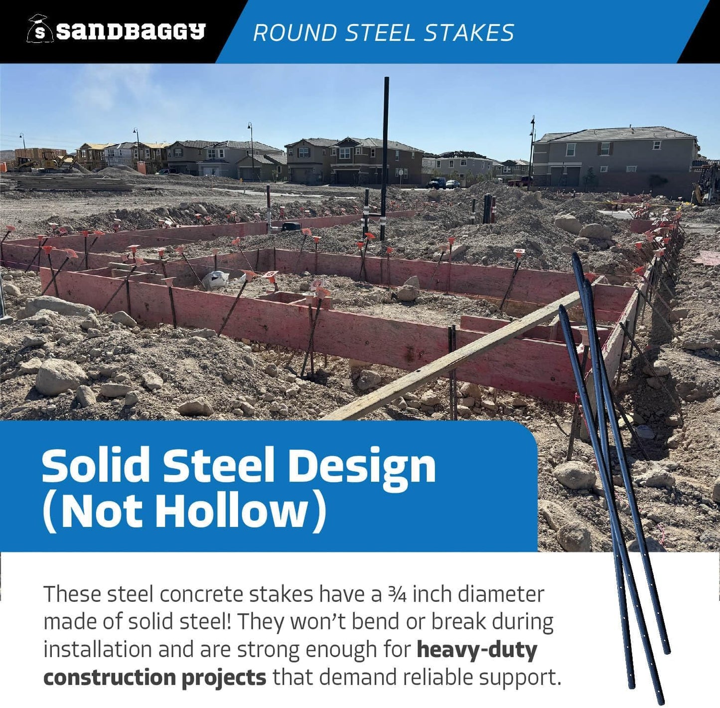 Sandbaggy Round Steel Concrete Form Stakes with Nail Holes - Rust Resistant Coating - Removable, Reusable (200, 3/4 in X 36 in)