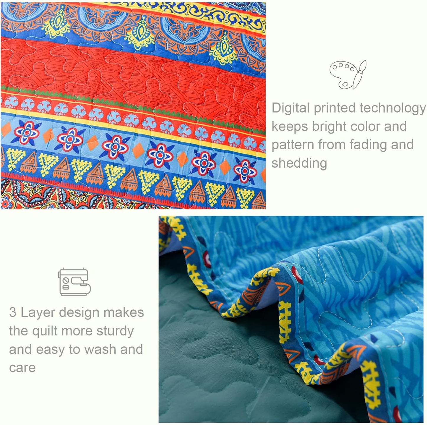 Exclusivo Mezcla Reversible Boho Quilt Set Queen Size, 3 Pieces Bohemian Blue All Season Bedspreads, Ultra Soft Floral Coverlet Bedding Set with Printed Pattern (1 Quilt, 2 Pillow Shams)