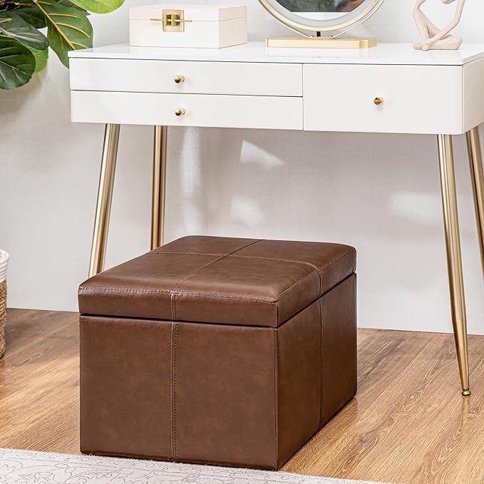 Adeco Storage Ottoman Foot Rest Stool, Leather Ottoman Footstool with Hinged Lid, 17" Small Foot Stool Bench for Living Room, Bedroom
