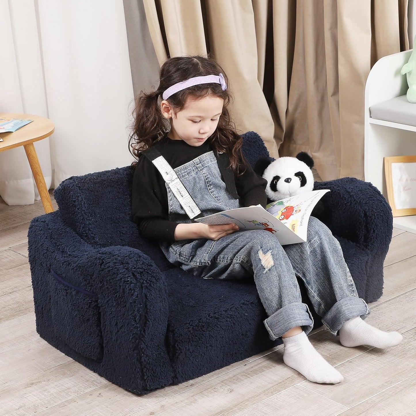 Kids Extra Wide Chairs for Toddler, 2-in-1 Toddler Soft Sherpa Couch Fold Out, Convertible Sofa to Lounger for Girls and Boys, Dark Blue