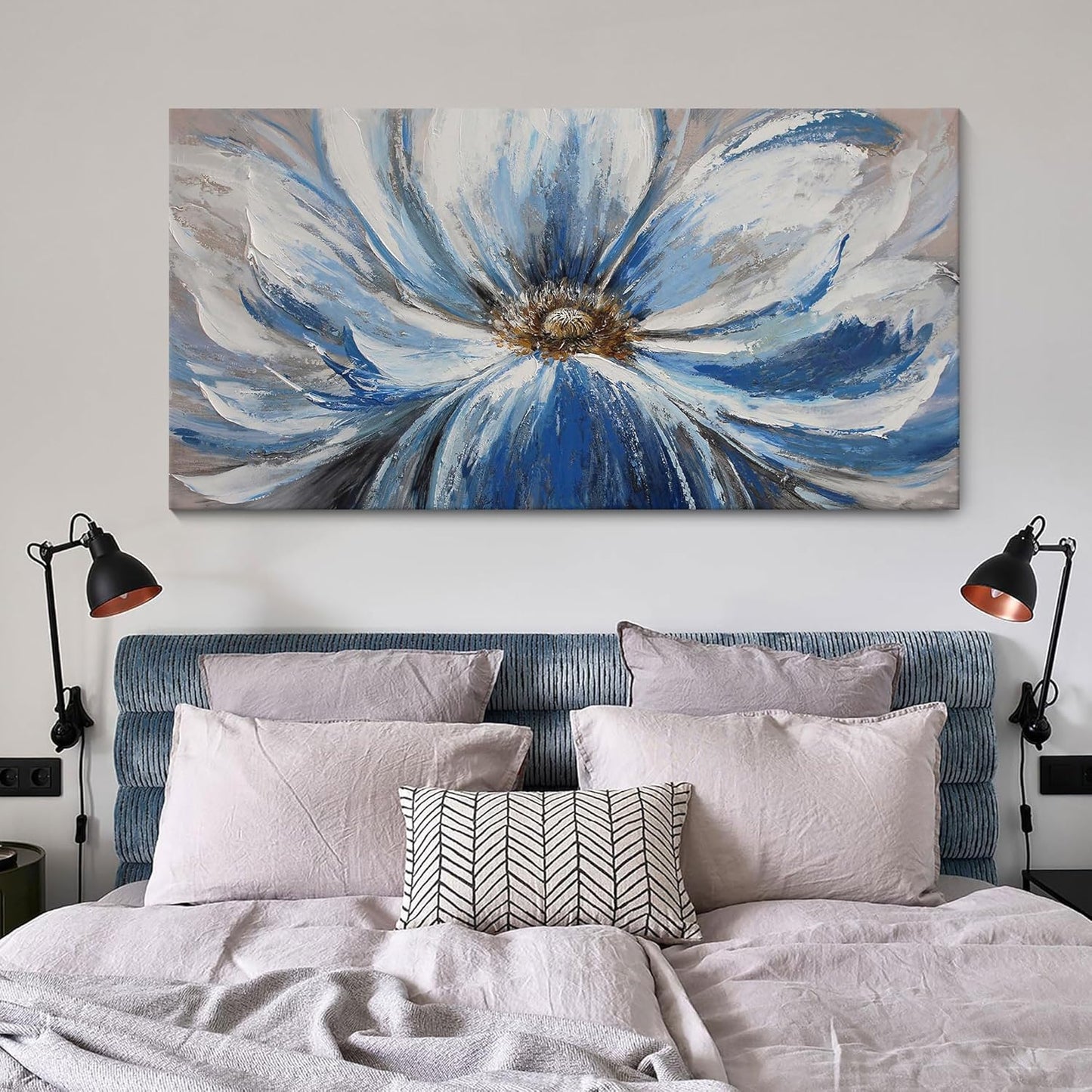 Flower Canvas Wall Art for Living Room Large White Blue Flower Picture Giclee Print Painting Wall Decor Framed Artwork Ready to Hang for Home Bedroom Wall Decoration Size 24x48