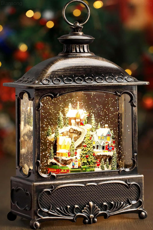 Village Snow Globe Christmas Decorations Gifts Auto Snowfall Glitter Music Collection Village Scene Train Tree Church Snowman with 6H Timer USB/Battery Powered 12 inch