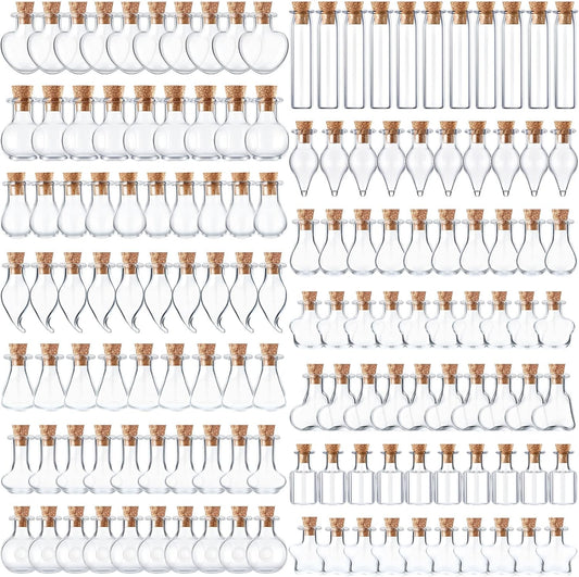 140 Pcs Mini Glass Bottles with Cork Stoppers Tiny Wishing Potion Bottles, 14 Shapes, Small Spell Apothecary Jar Vials Witchcraft Drifting Jar for Wedding Halloween Party Arts DIY Crafts