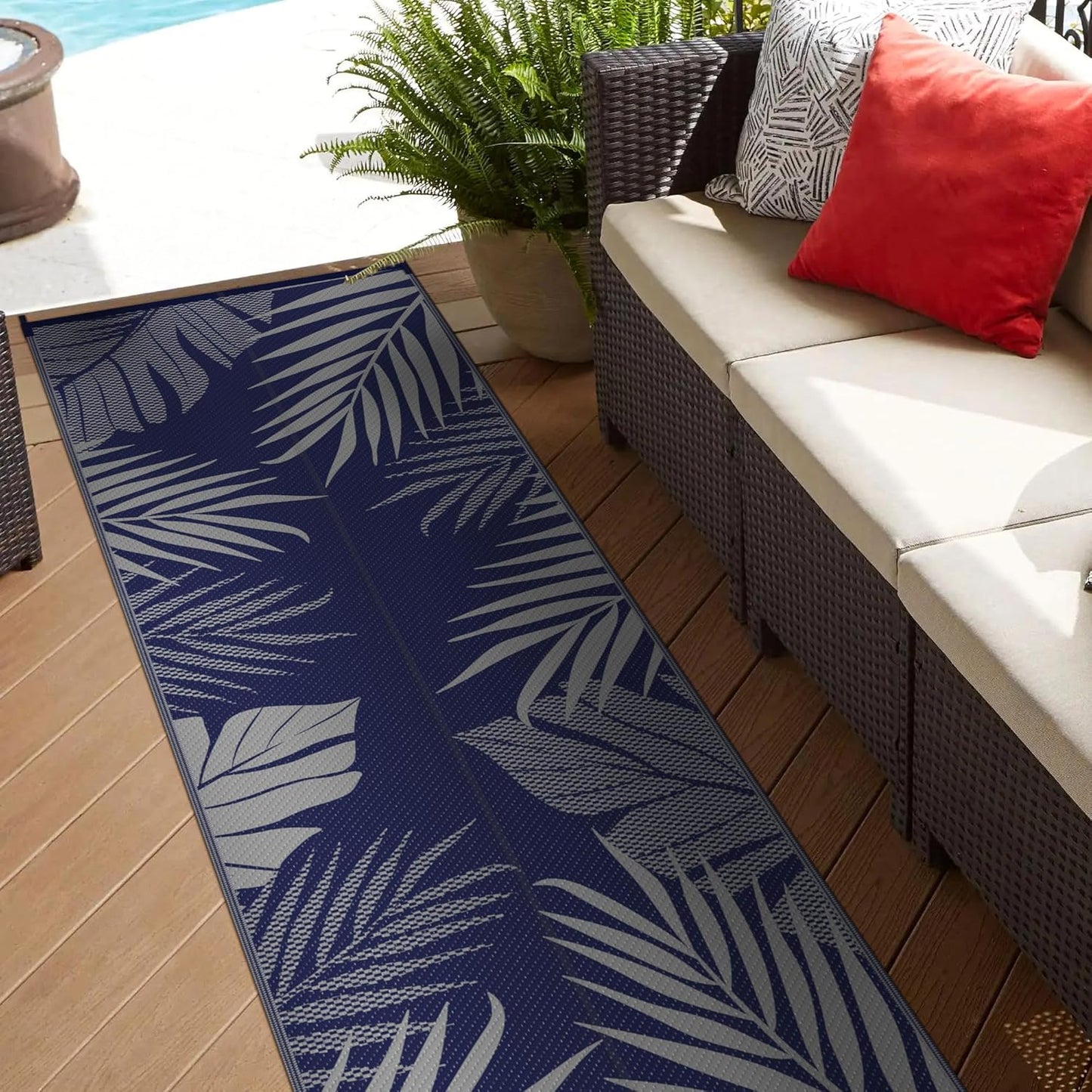 GENIMO Outdoor Rug 2.5' x 8' Waterproof for Patios Clearance, Reversible Outdoor Plastic Straw Camping Rug Carpet, Large Area Rugs Mats for RV, Camper, Deck, Balcony, Porch, Beach, Picnic, Blue&Grey