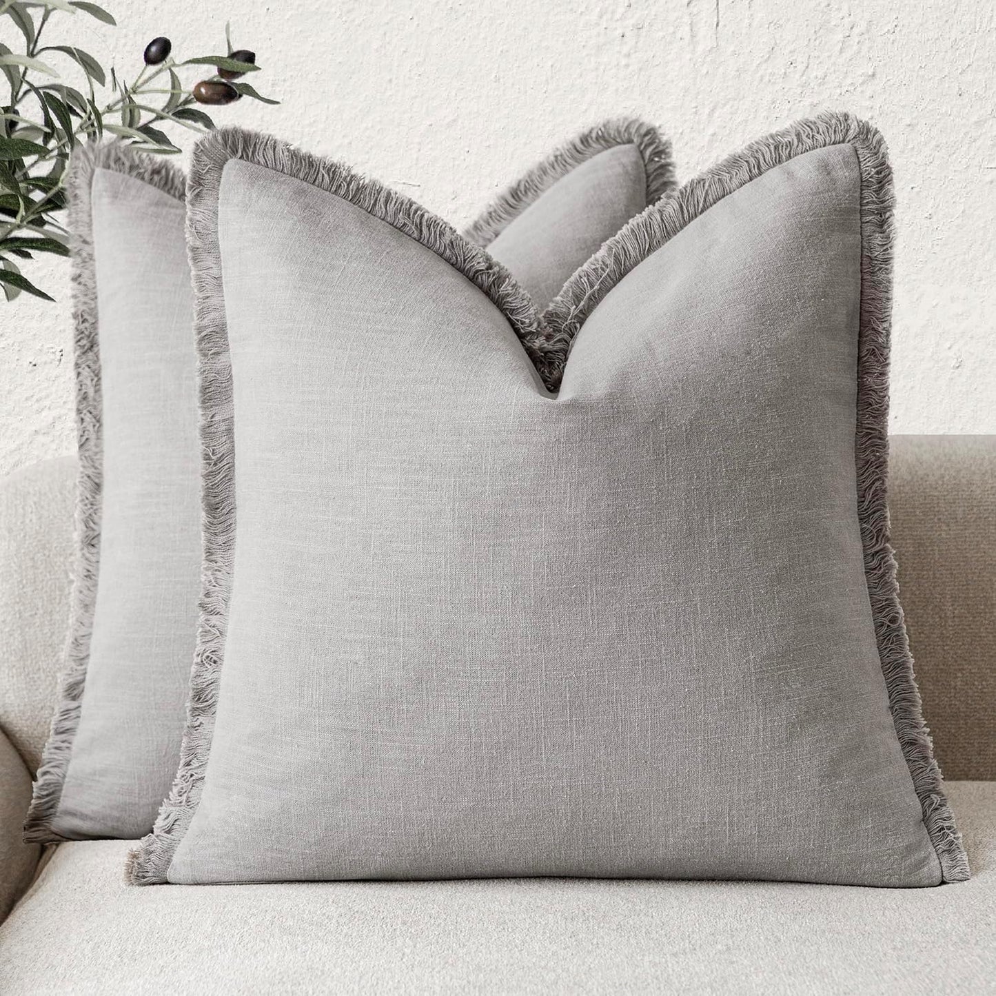 Foindtower Set of 2 Decorative Linen Fringe Throw Pillow Covers Cozy Farmhouse Cushion Cover with Tassels Accent Pillowcase for Couch Chair Sofa Bed Living Room Home Decor,20×20 Inch,Light Rustic Gray