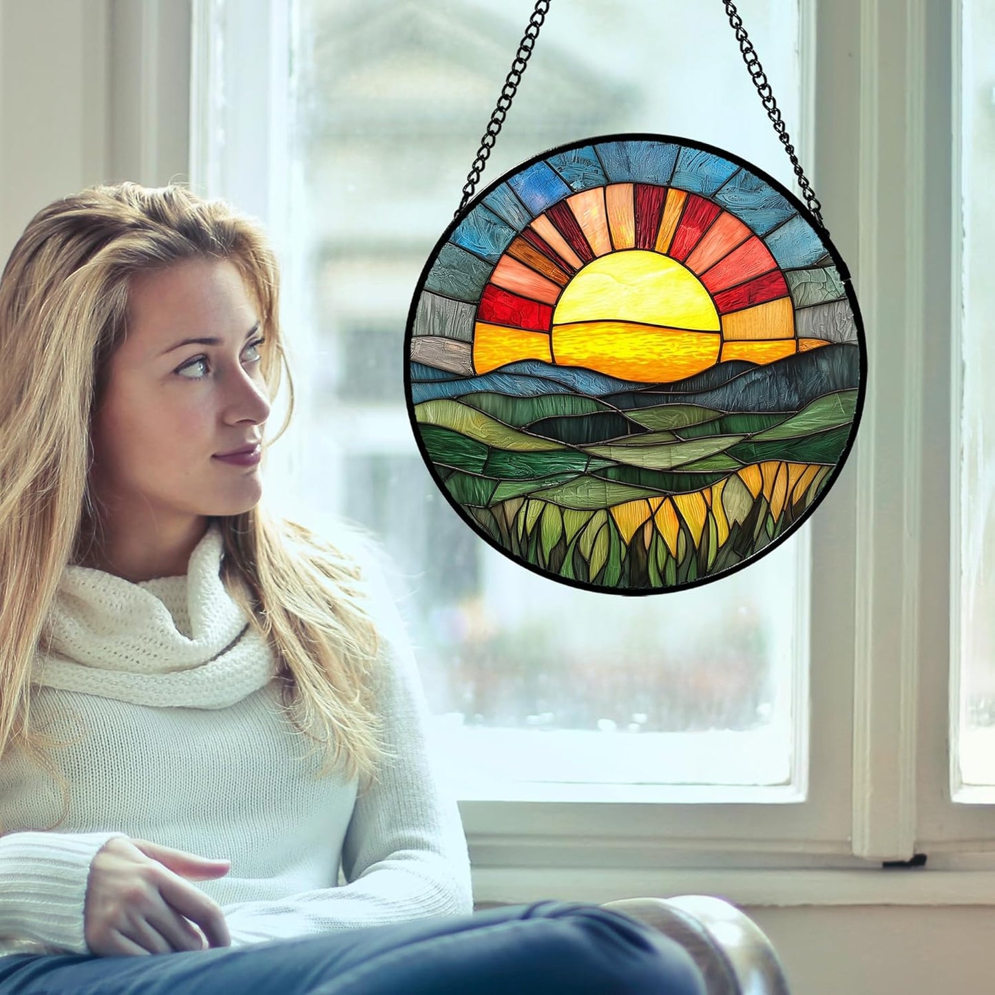 Stained Glass Window Hanging, Golden Red Sun Green Mountain Suncatcher for Window Home Decor Nature Landscape Sun Catcher Mother's Day Birthday Gifts for Women Men Mom Nana 7.8 in