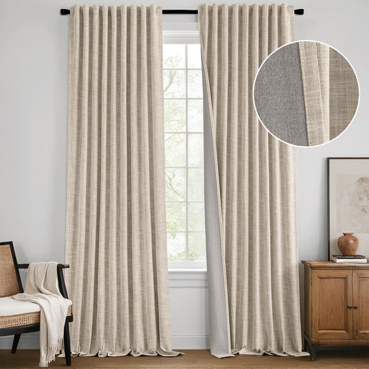 MIULEE Beige 100% Blackout Linen Curtains 94 Inch 2 Panels Set Double Sided No Coating Pleated Back Tab Black Out Long Thermal Insulated Pinch Pleat Bedroom Living Room Darkening Window Drapes